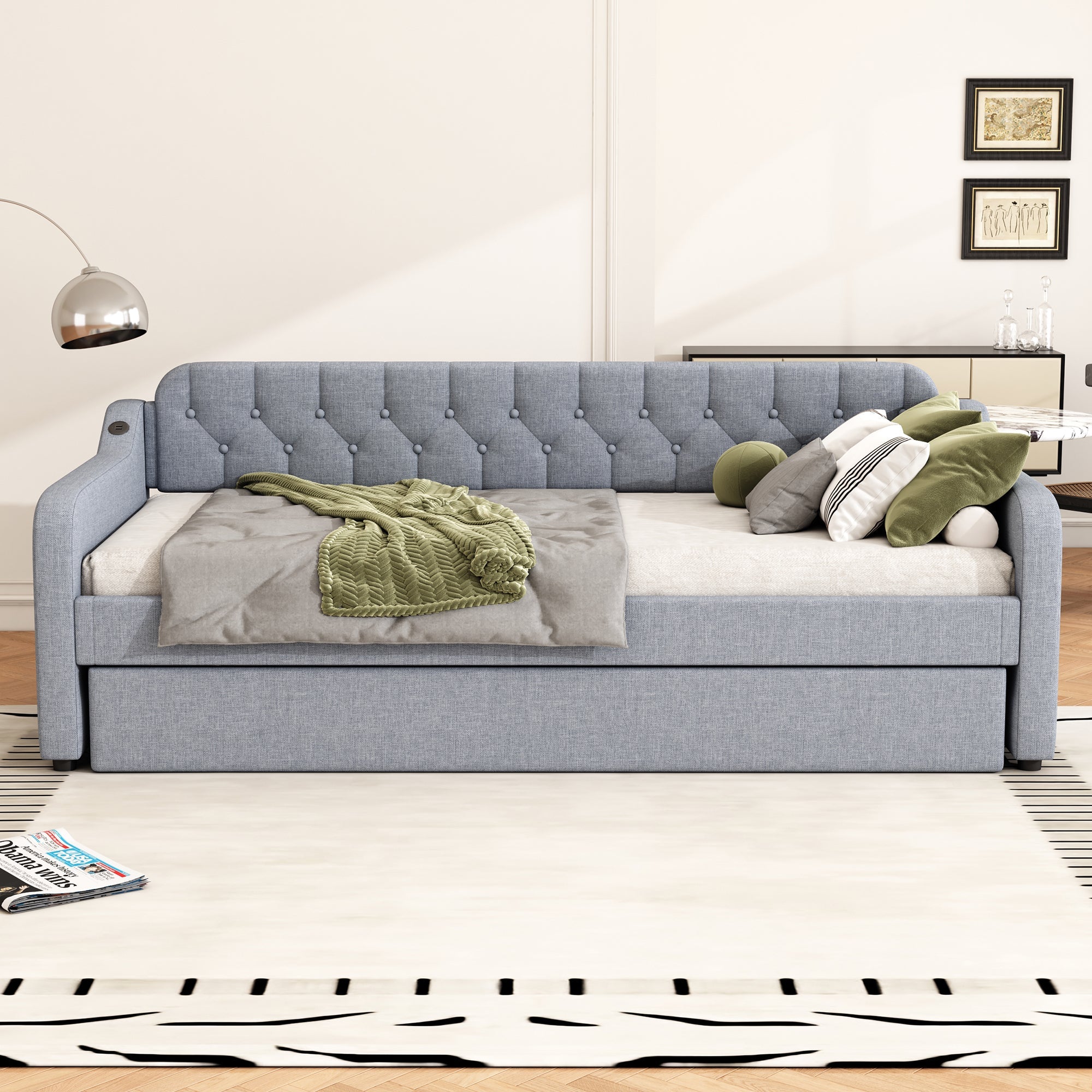 Logidon slaapbank 90x200 cm dagbed, uitschuifbaar bed, USB, grijs