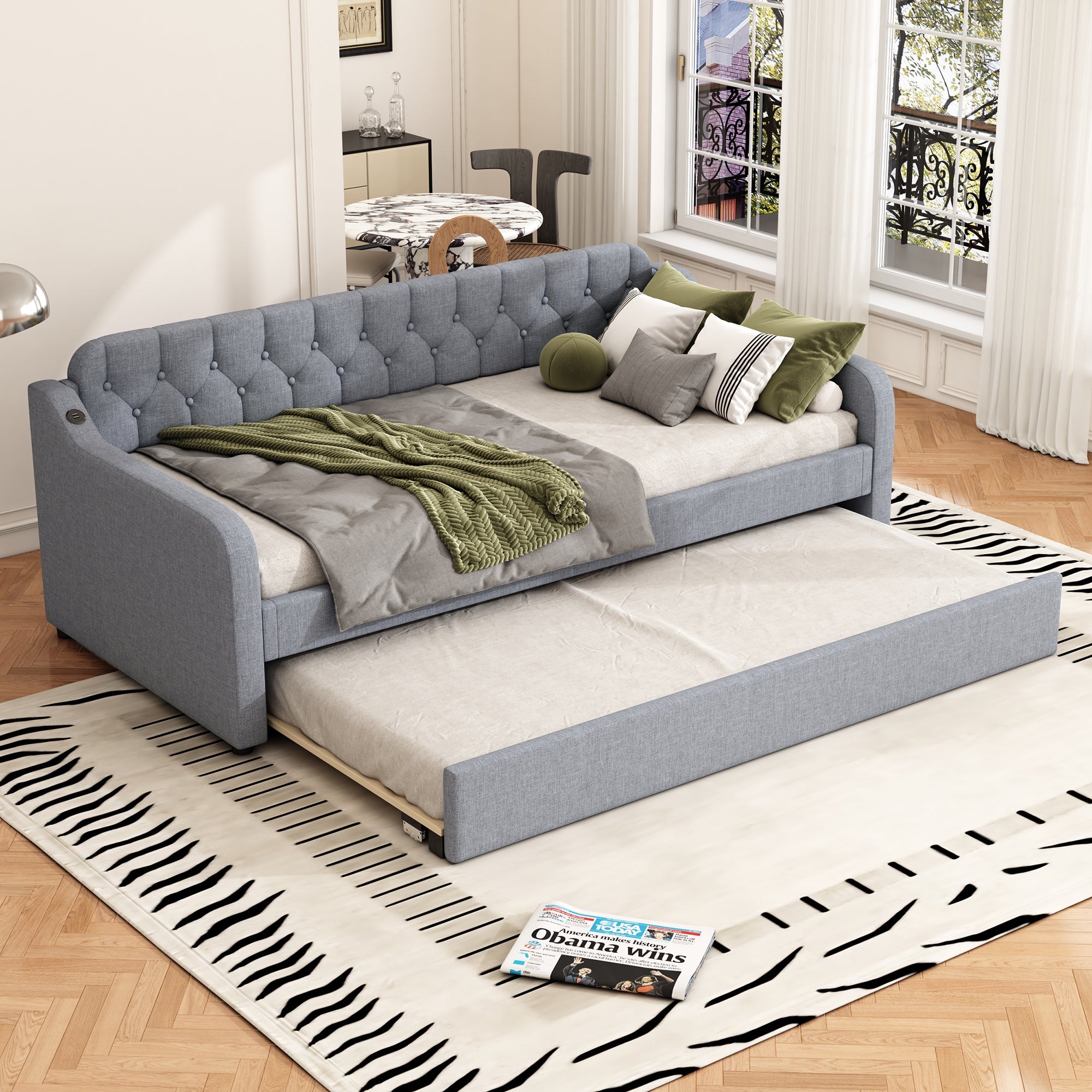Logidon slaapbank 90x200 cm dagbed, uitschuifbaar bed, USB, grijs