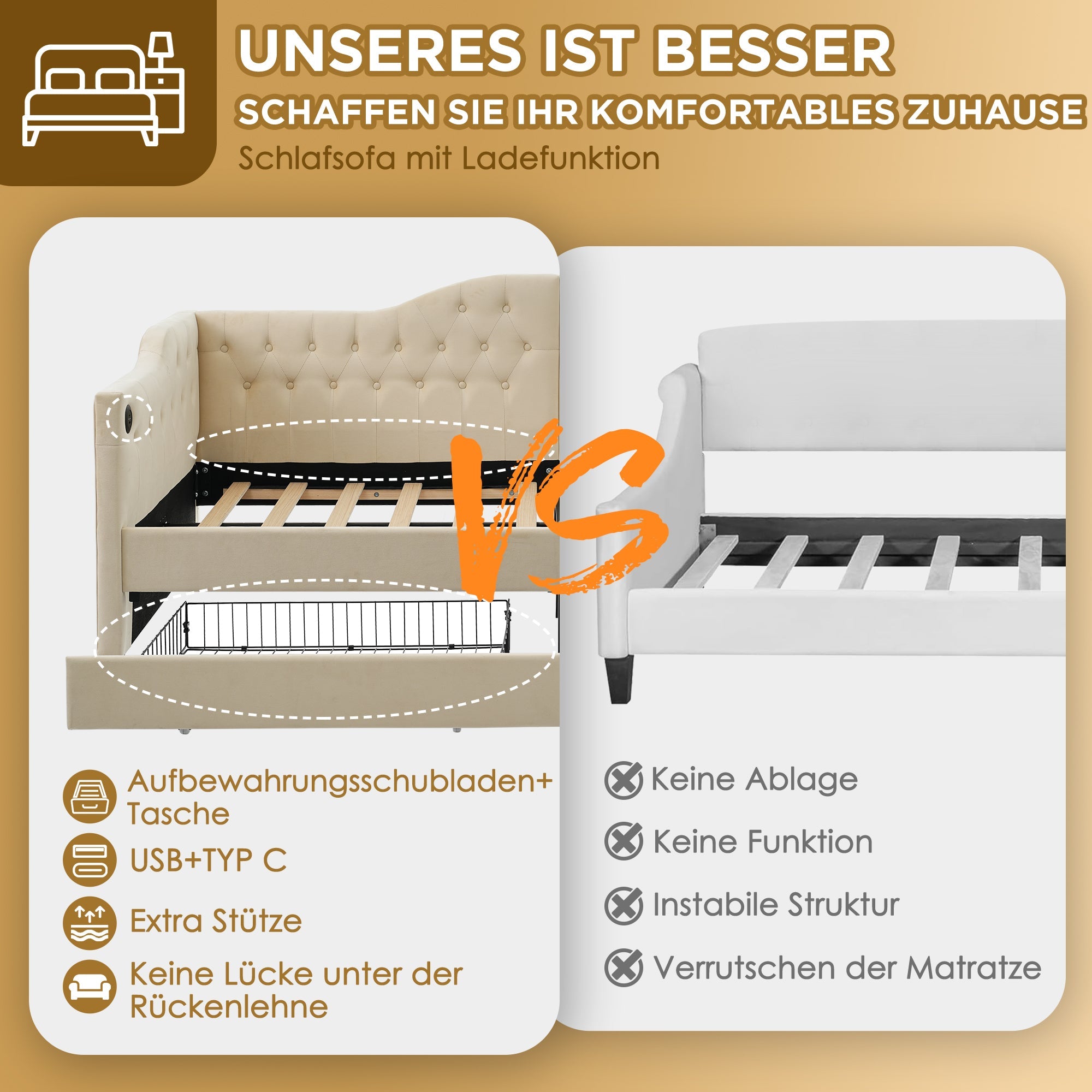 Logidon gestoffeerde slaapbank 90x200 beige USB-oplaadfunctie 2 compartimenten