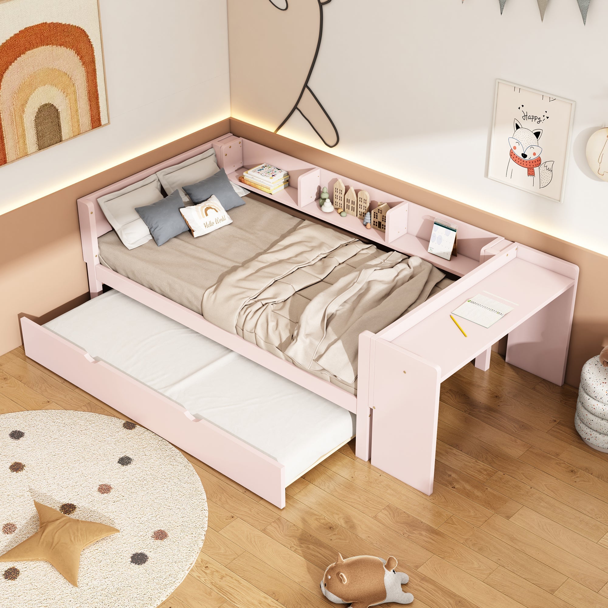 Logidon flat bed 90x200 cm pink with pull-out bed and desk