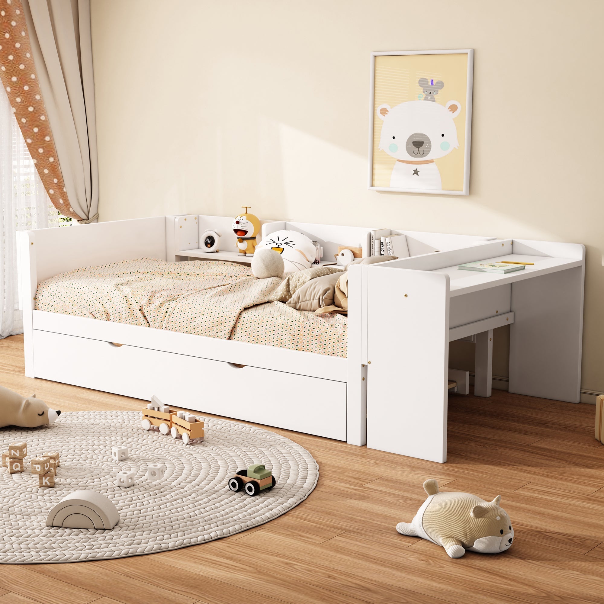 Logidon children's bed 90x200 flat bed with pull-out bed and table white
