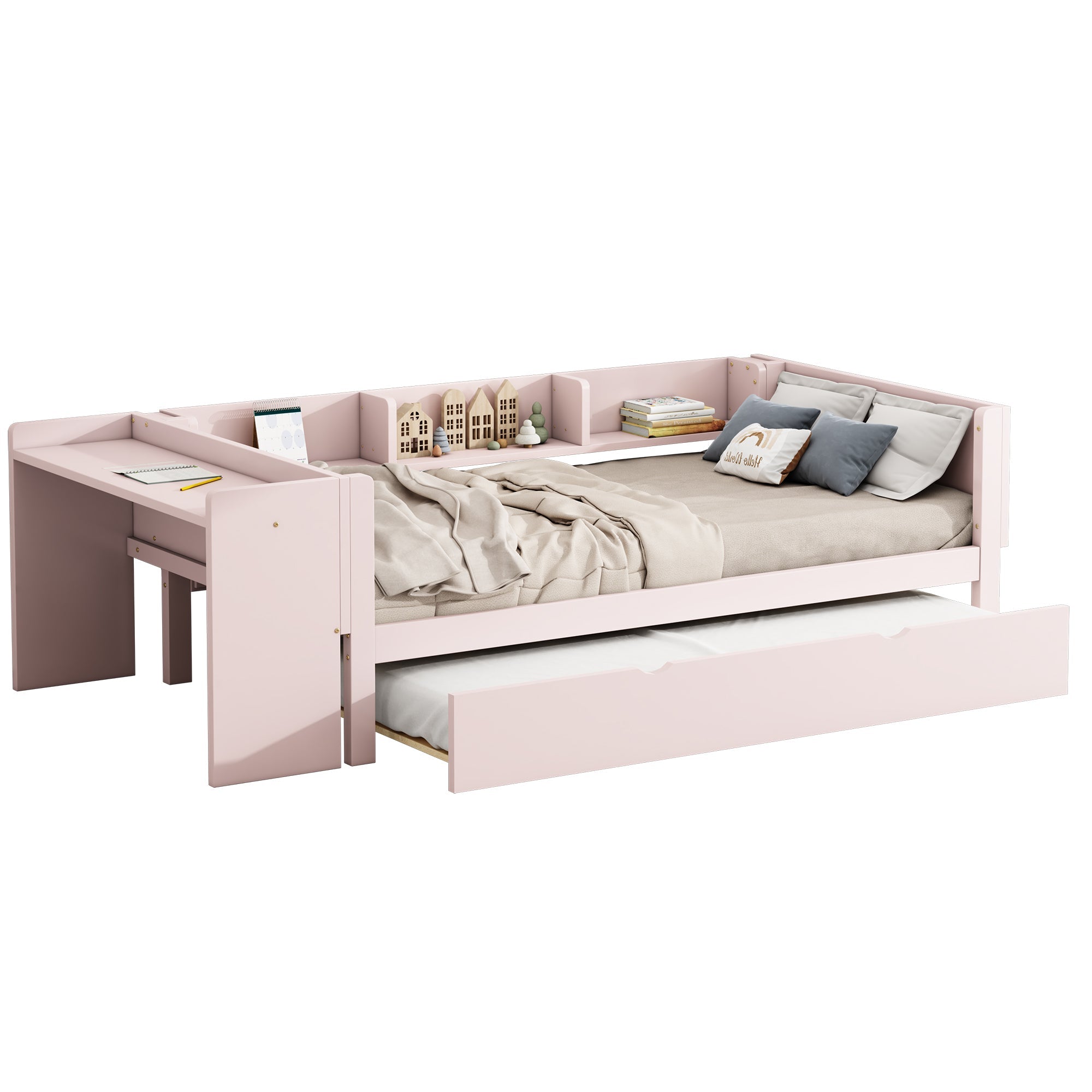Logidon plat bed 90x200 cm roze met uitschuifbaar bed en bureau