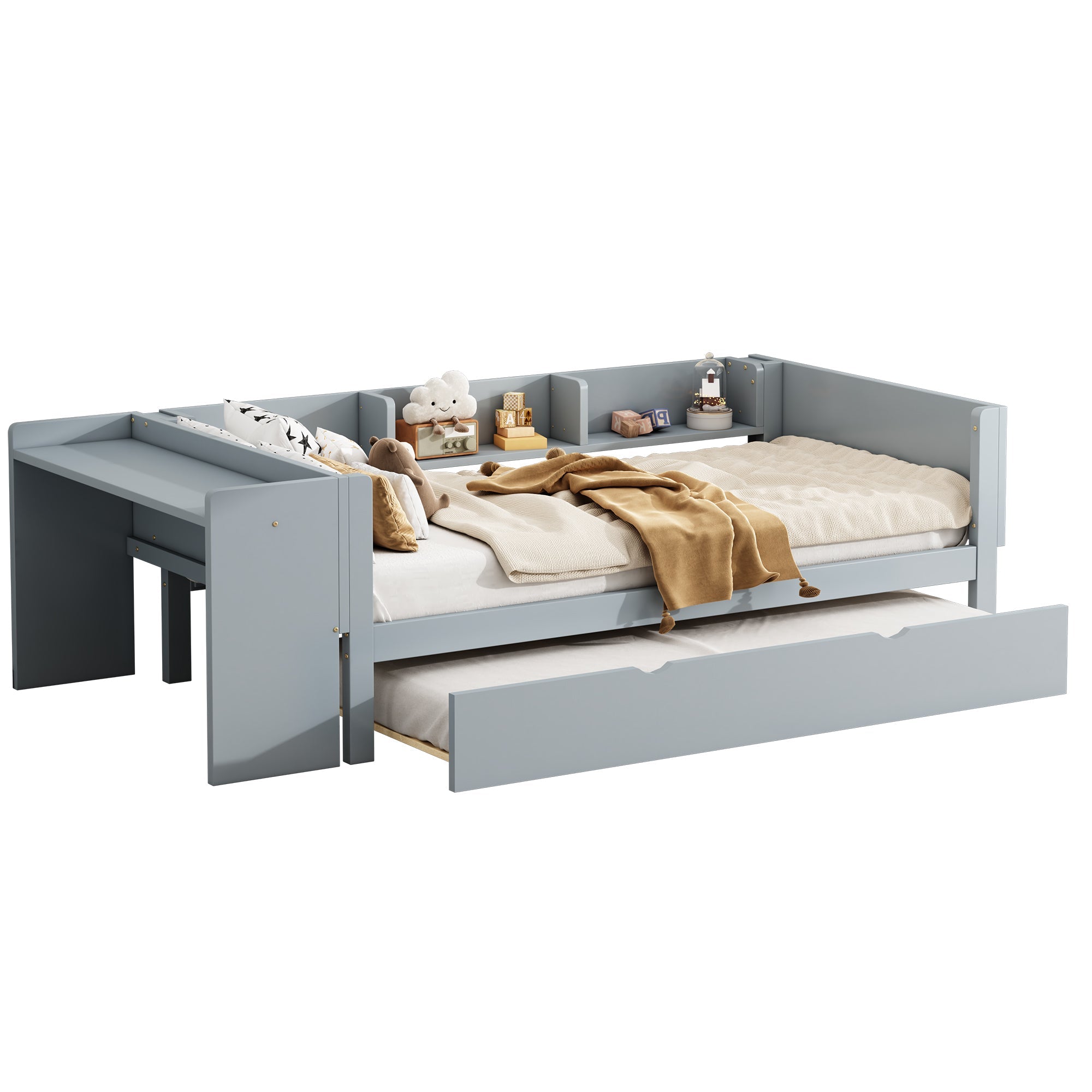 Logidon 90x200 cm bed met uitschuifbaar bed en bureau grijs