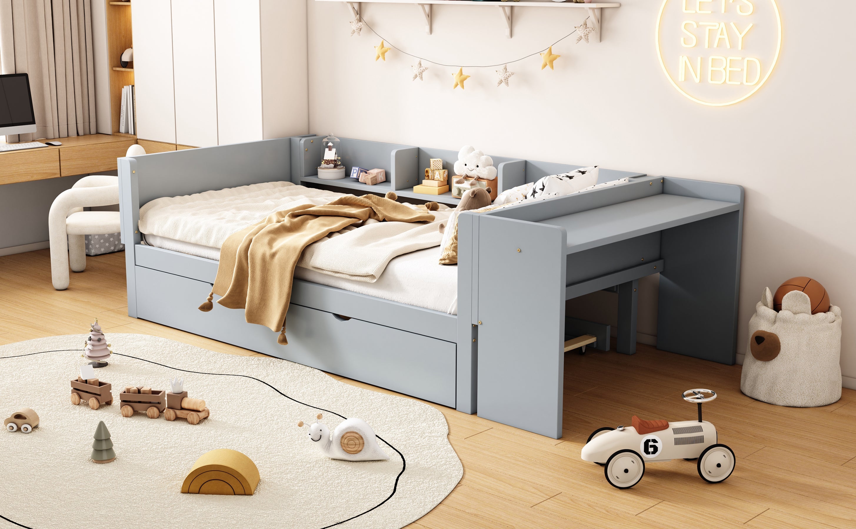 Logidon 90x200 cm bed met uitschuifbaar bed en bureau grijs