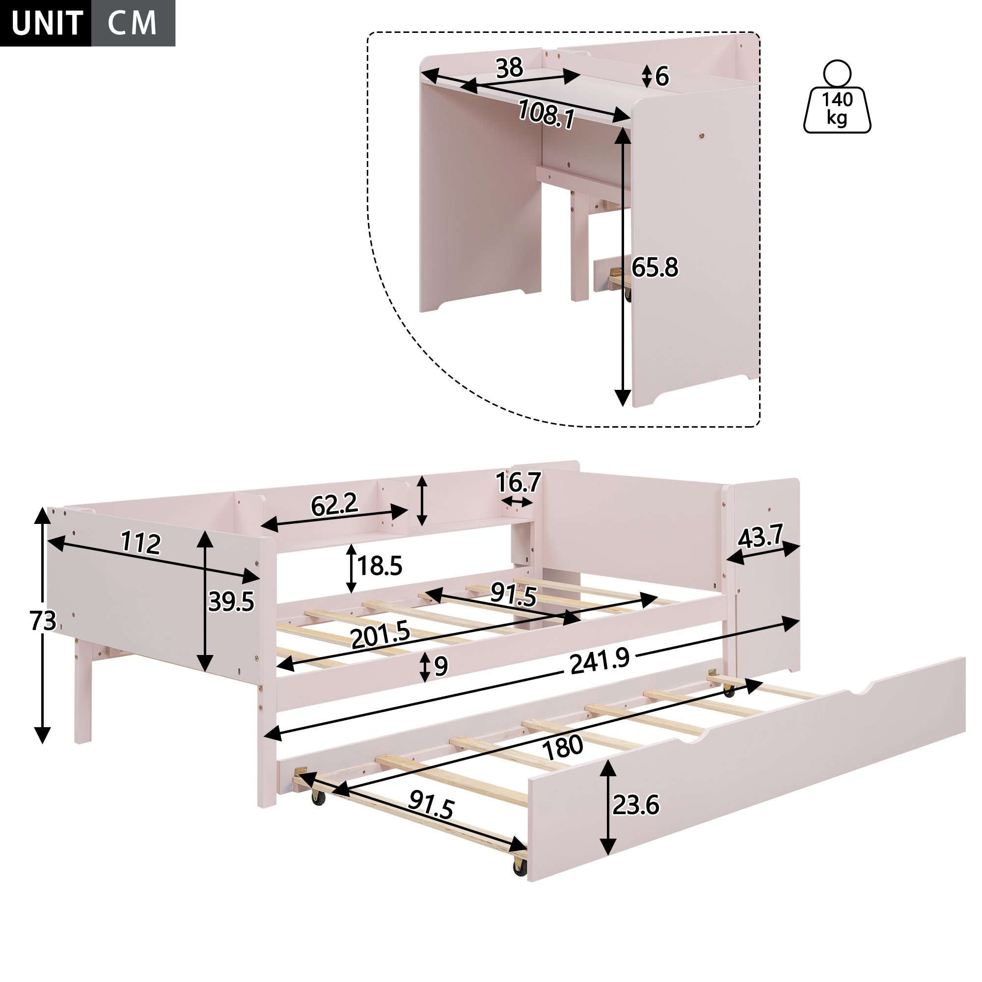 Logidon plat bed 90x200 cm roze met uitschuifbaar bed en bureau