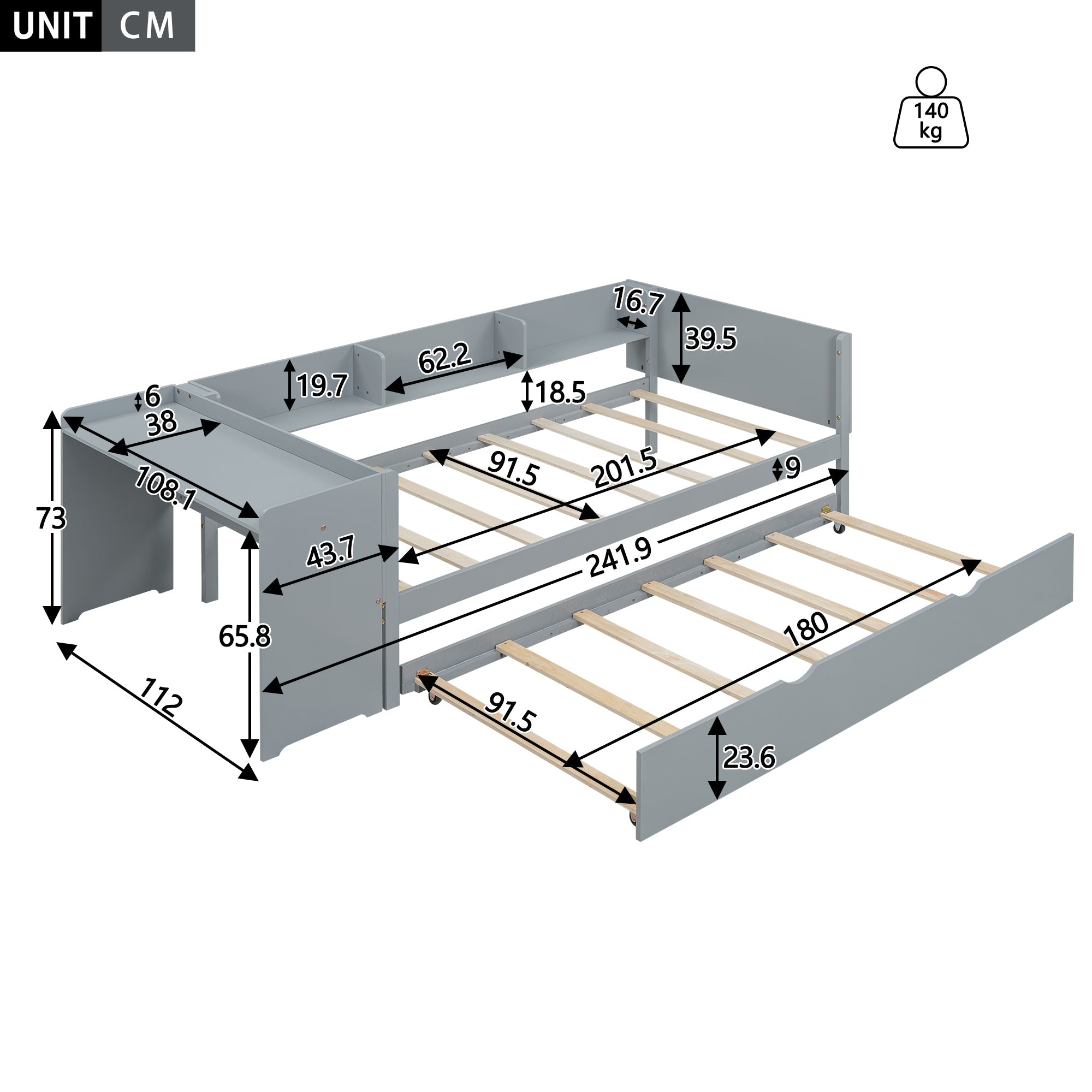 Logidon 90x200 cm bed met uitschuifbaar bed en bureau grijs