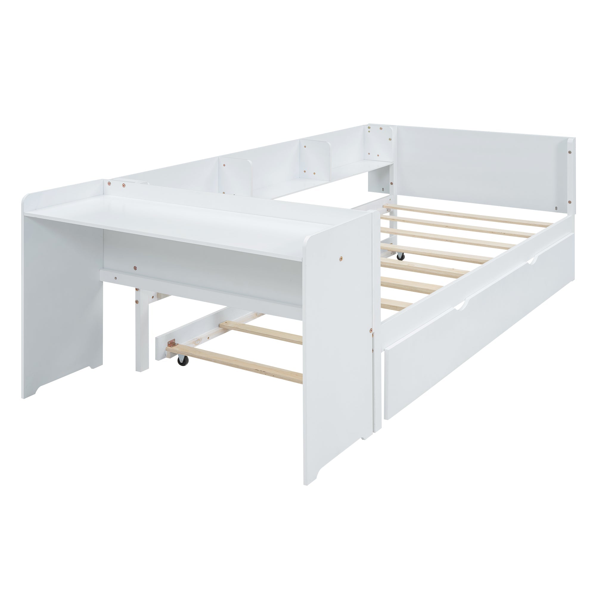 Logidon children's bed 90x200 flat bed with pull-out bed and table white