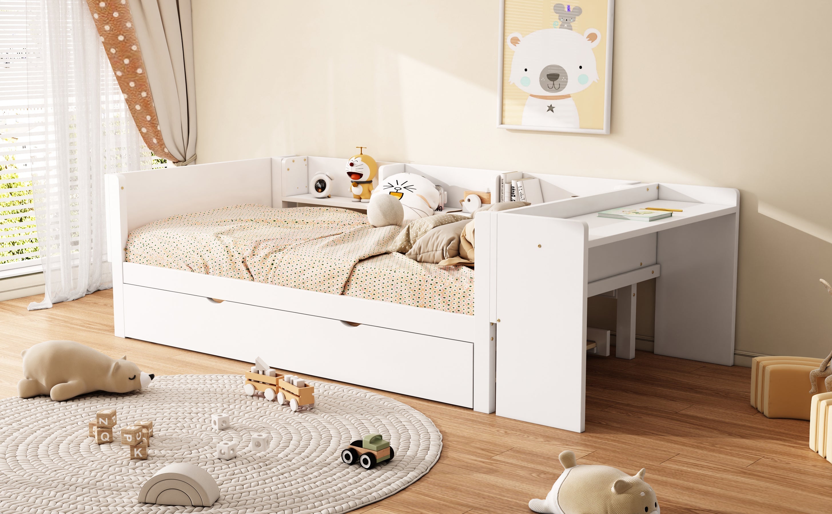Logidon children's bed 90x200 flat bed with pull-out bed and table white