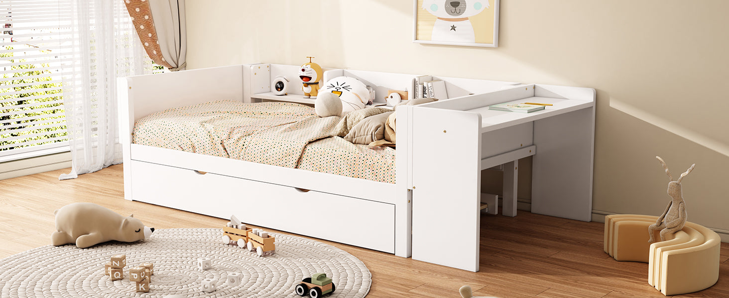 Logidon children's bed 90x200 flat bed with pull-out bed and table white