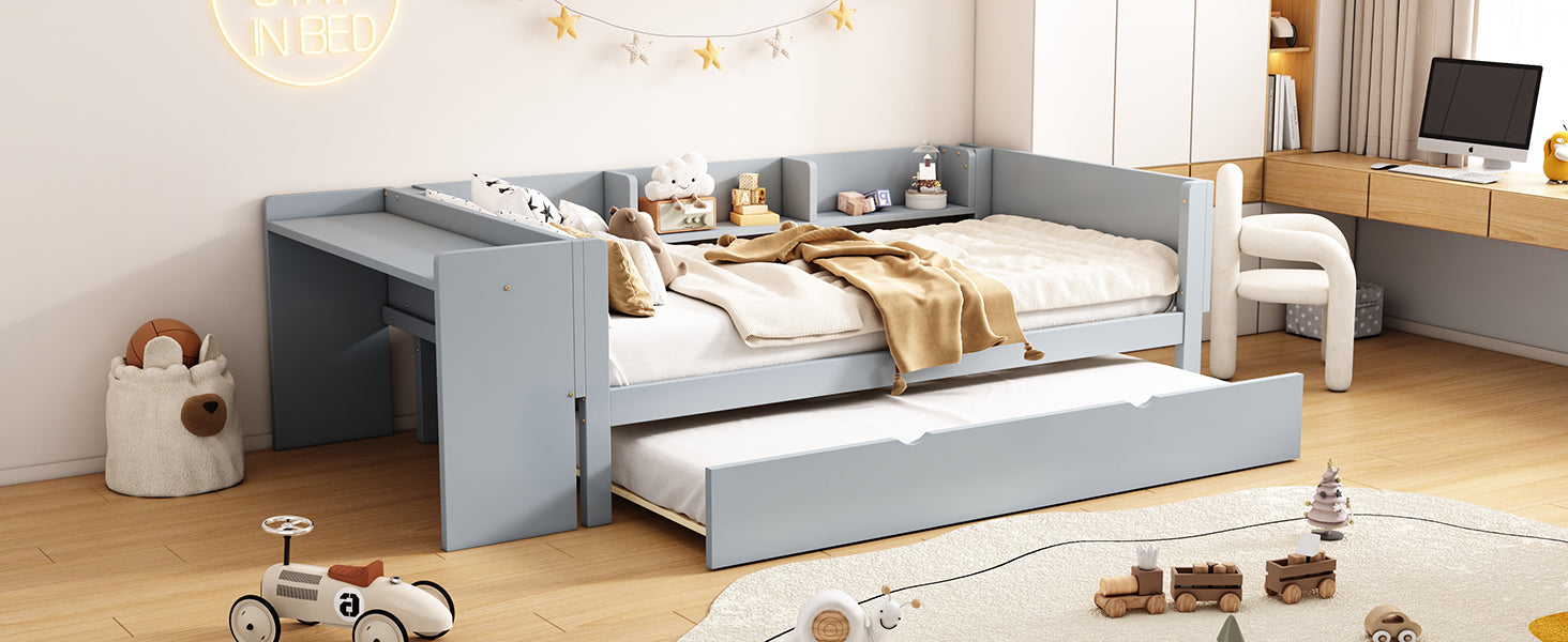 Logidon 90x200 cm bed met uitschuifbaar bed en bureau grijs