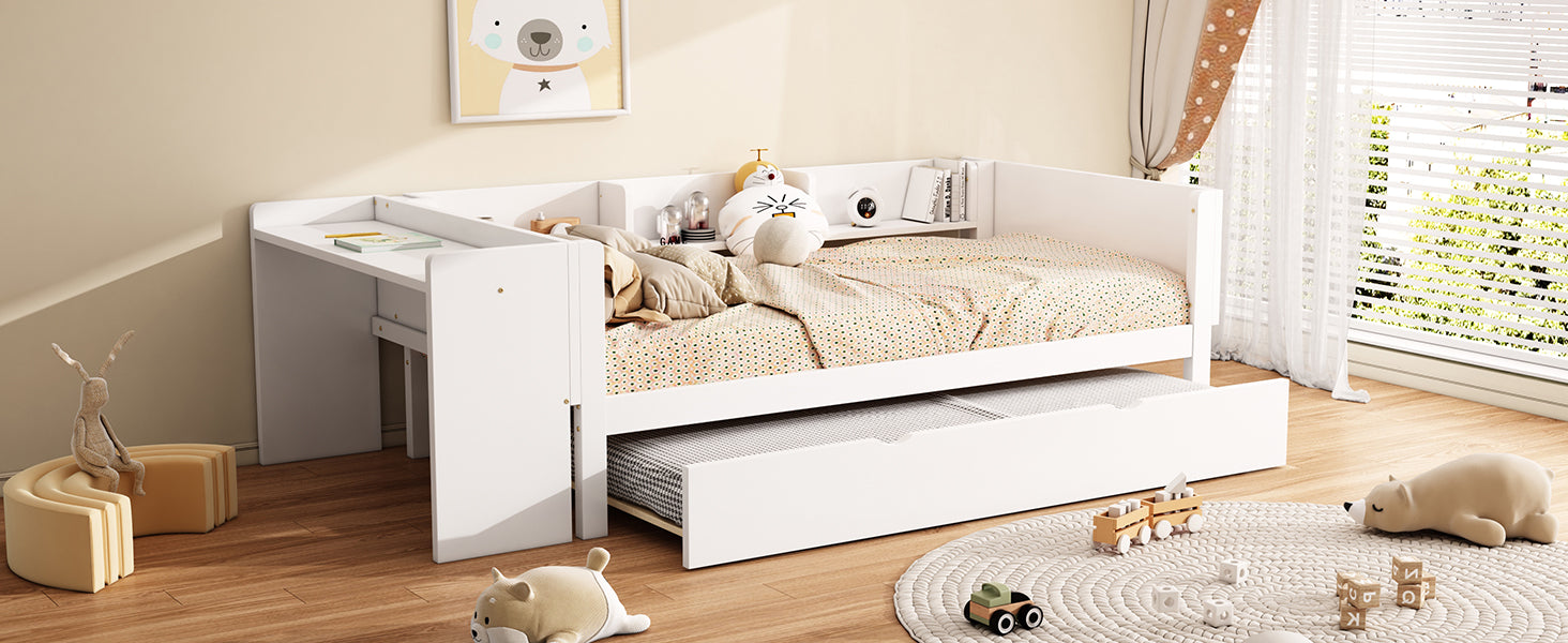 Logidon children's bed 90x200 flat bed with pull-out bed and table white