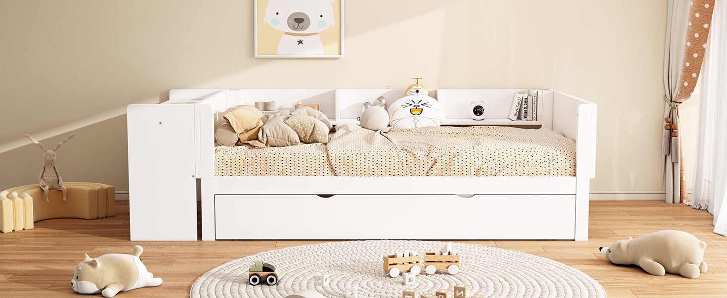 Logidon children's bed 90x200 flat bed with pull-out bed and table white