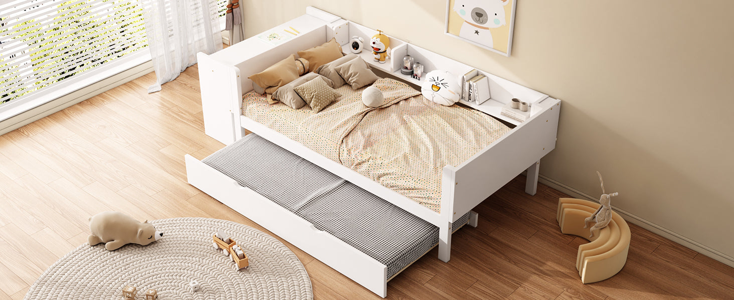 Logidon children's bed 90x200 flat bed with pull-out bed and table white