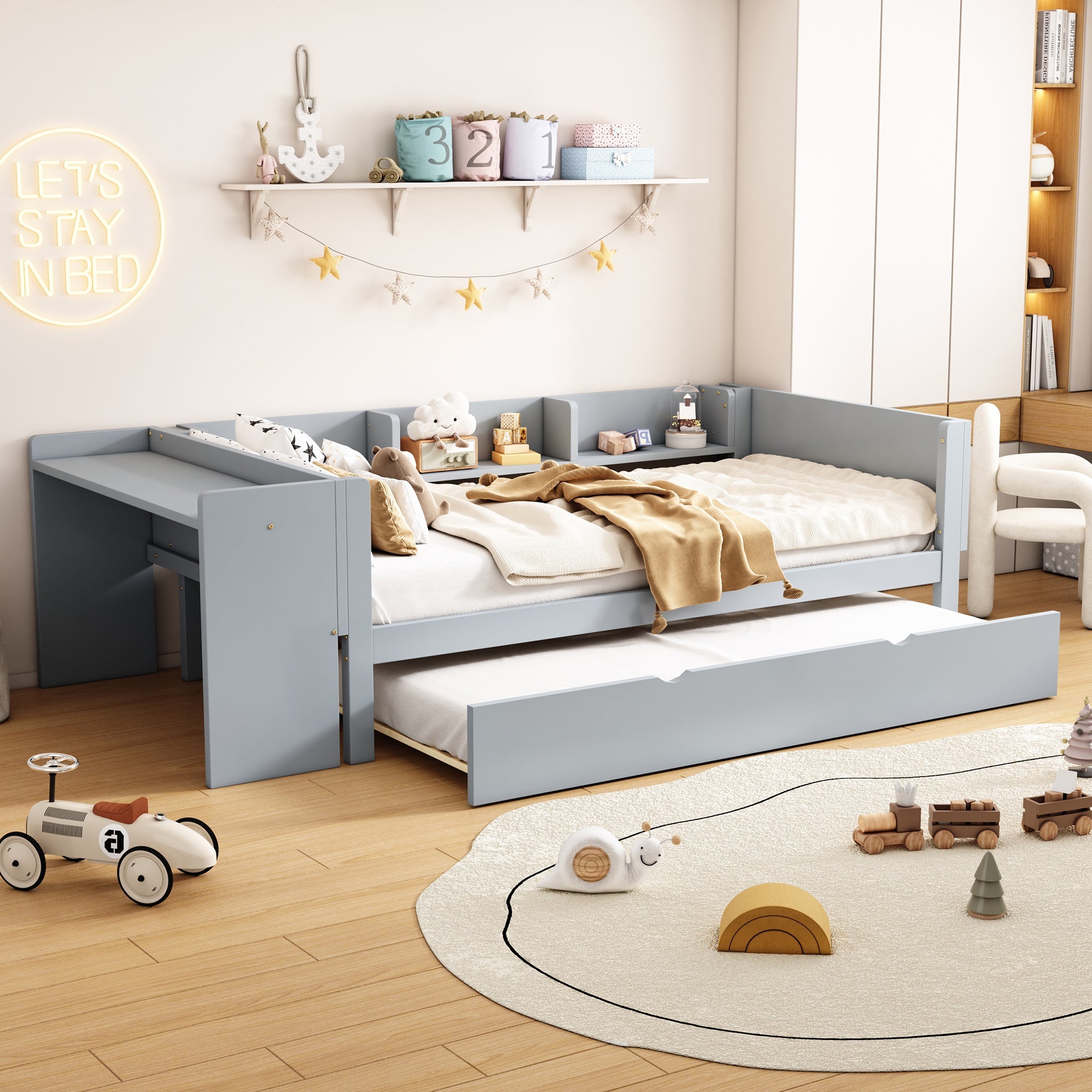 Logidon 90x200 cm bed met uitschuifbaar bed en bureau grijs