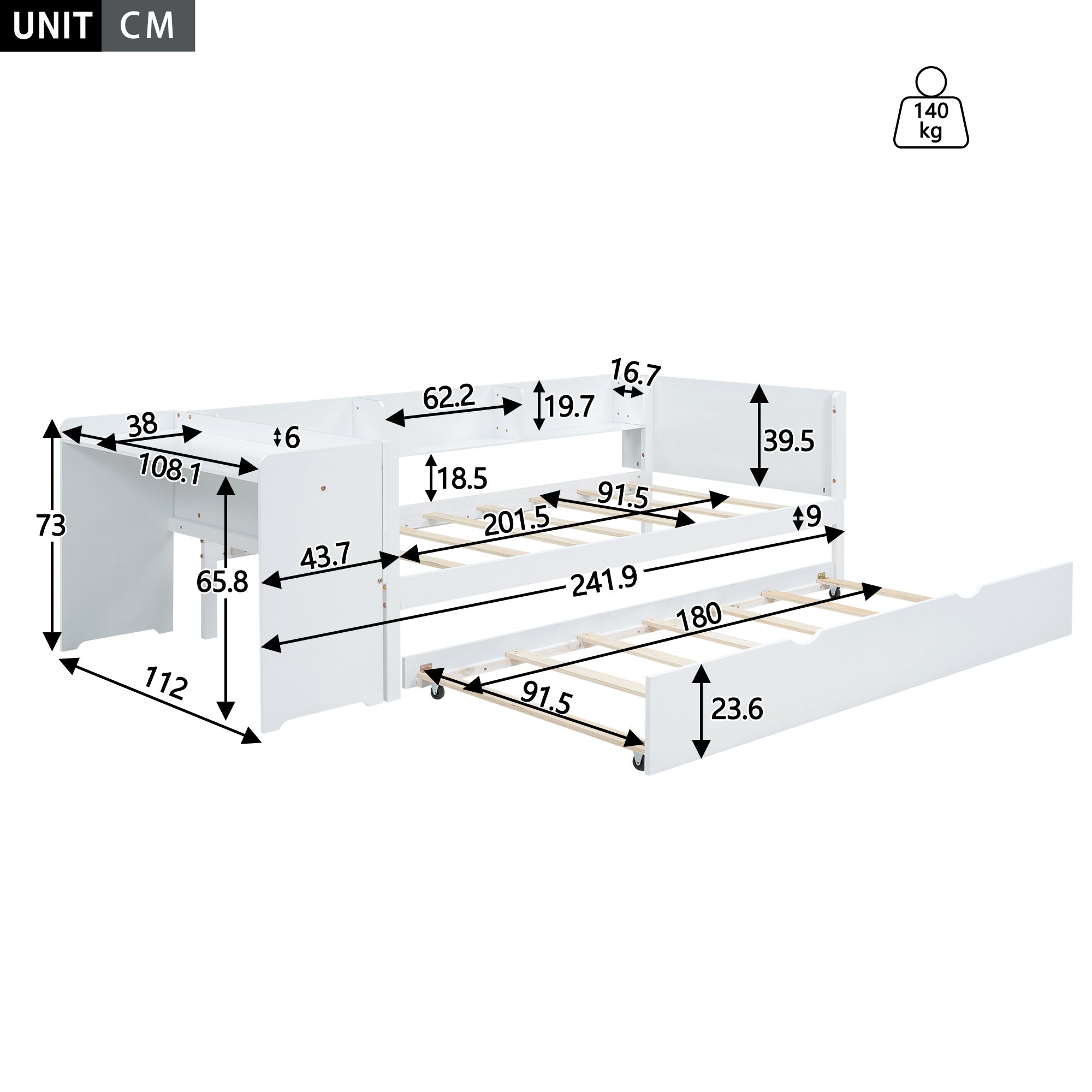 Logidon kinderbed 90x200 plat bed met onderschuifbed en tafel wit