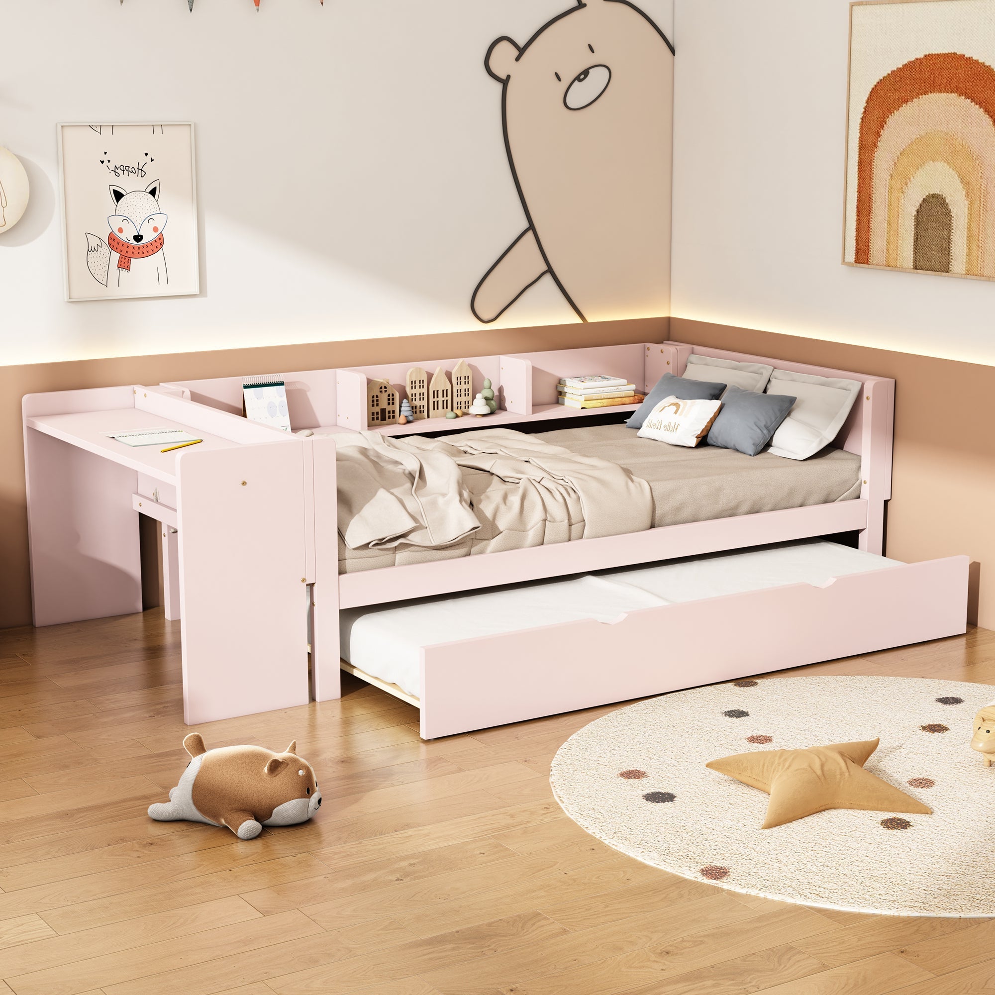 Logidon flat bed 90x200 cm pink with pull-out bed and desk