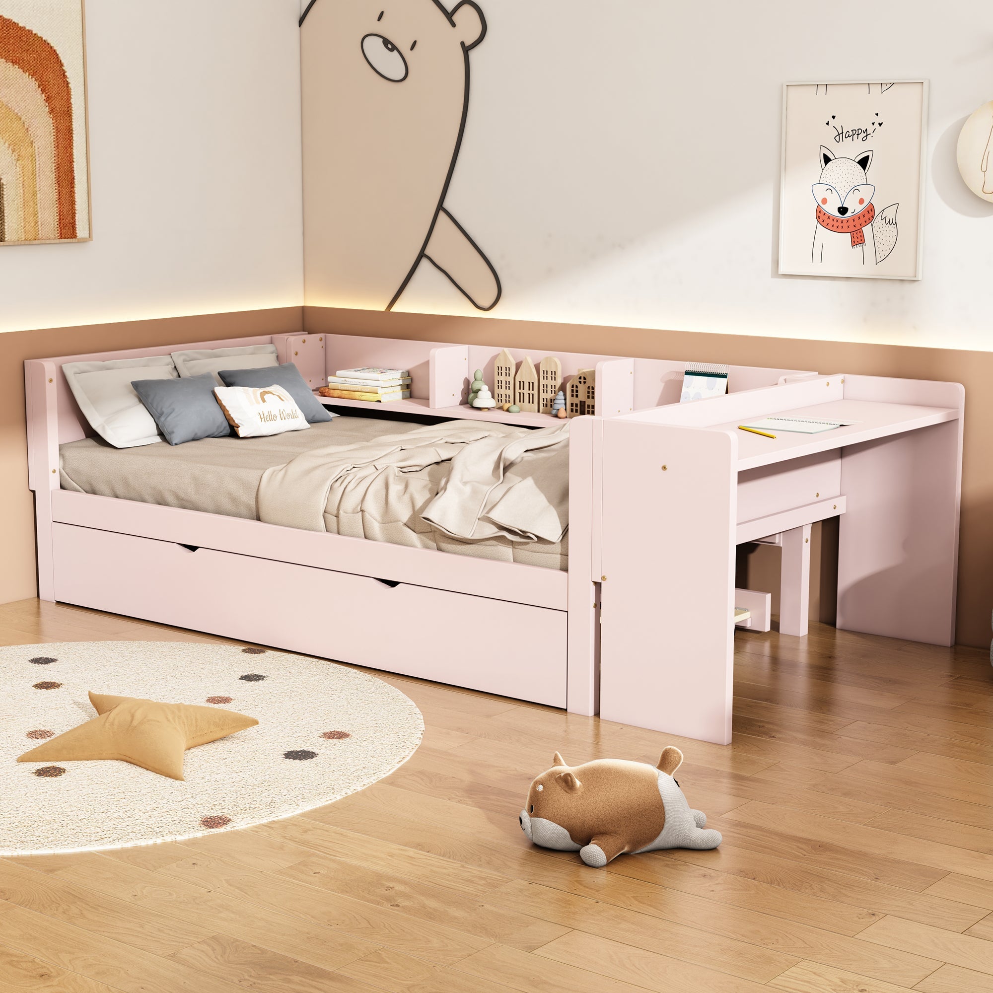 Logidon flat bed 90x200 cm pink with pull-out bed and desk