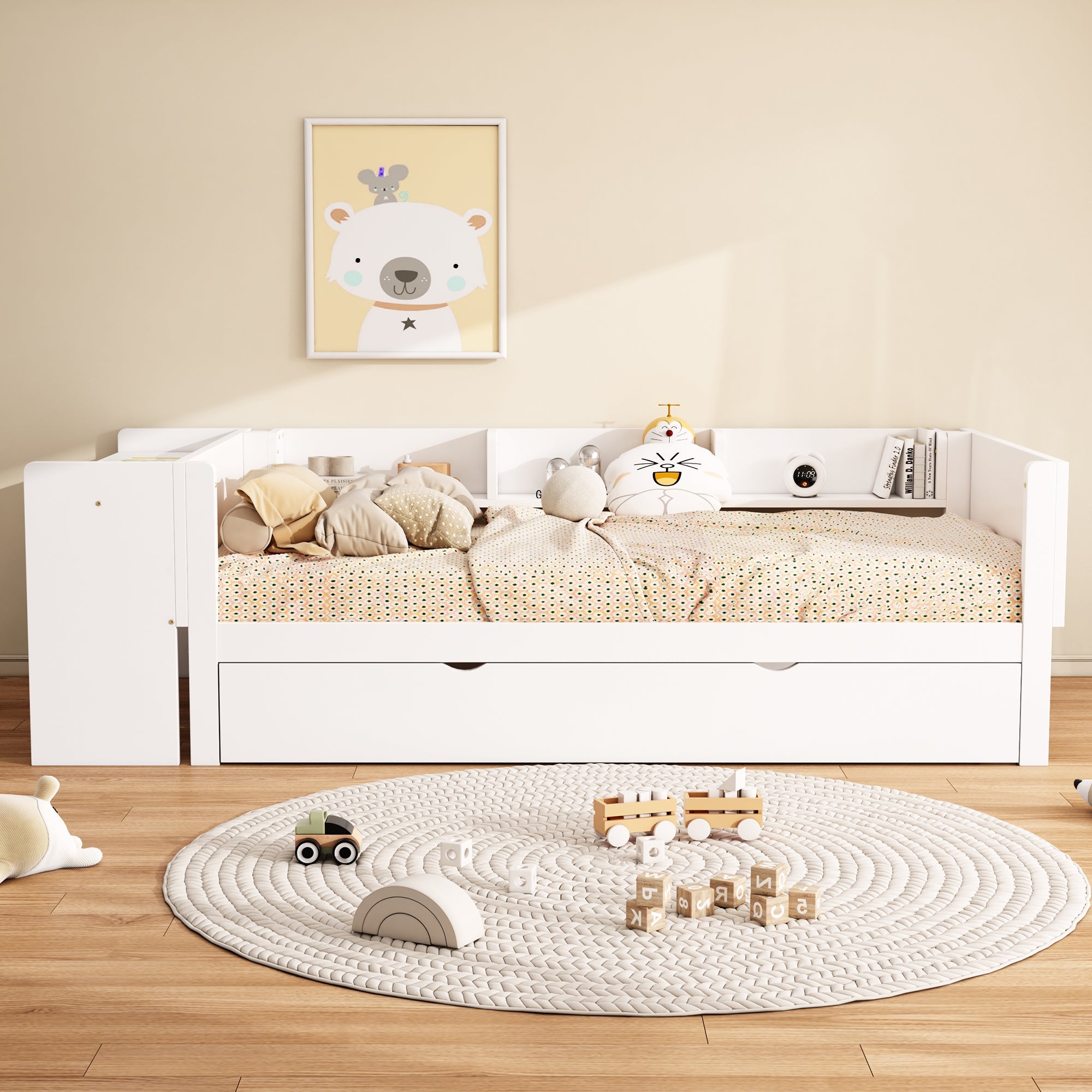 Logidon children's bed 90x200 flat bed with pull-out bed and table white