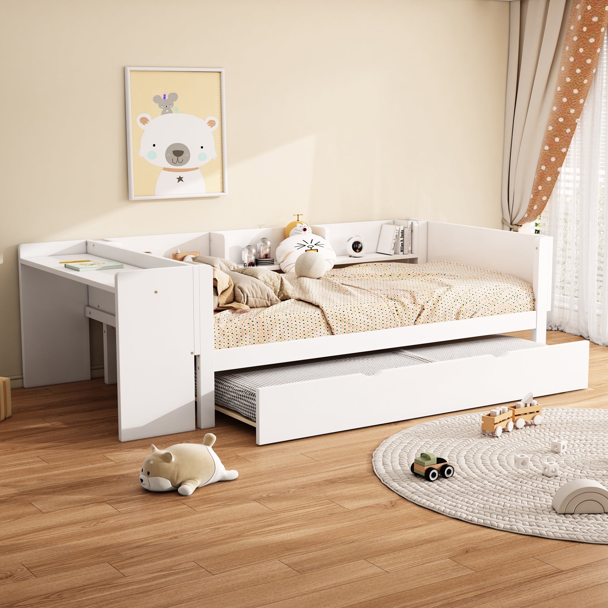 Logidon children's bed 90x200 flat bed with pull-out bed and table white