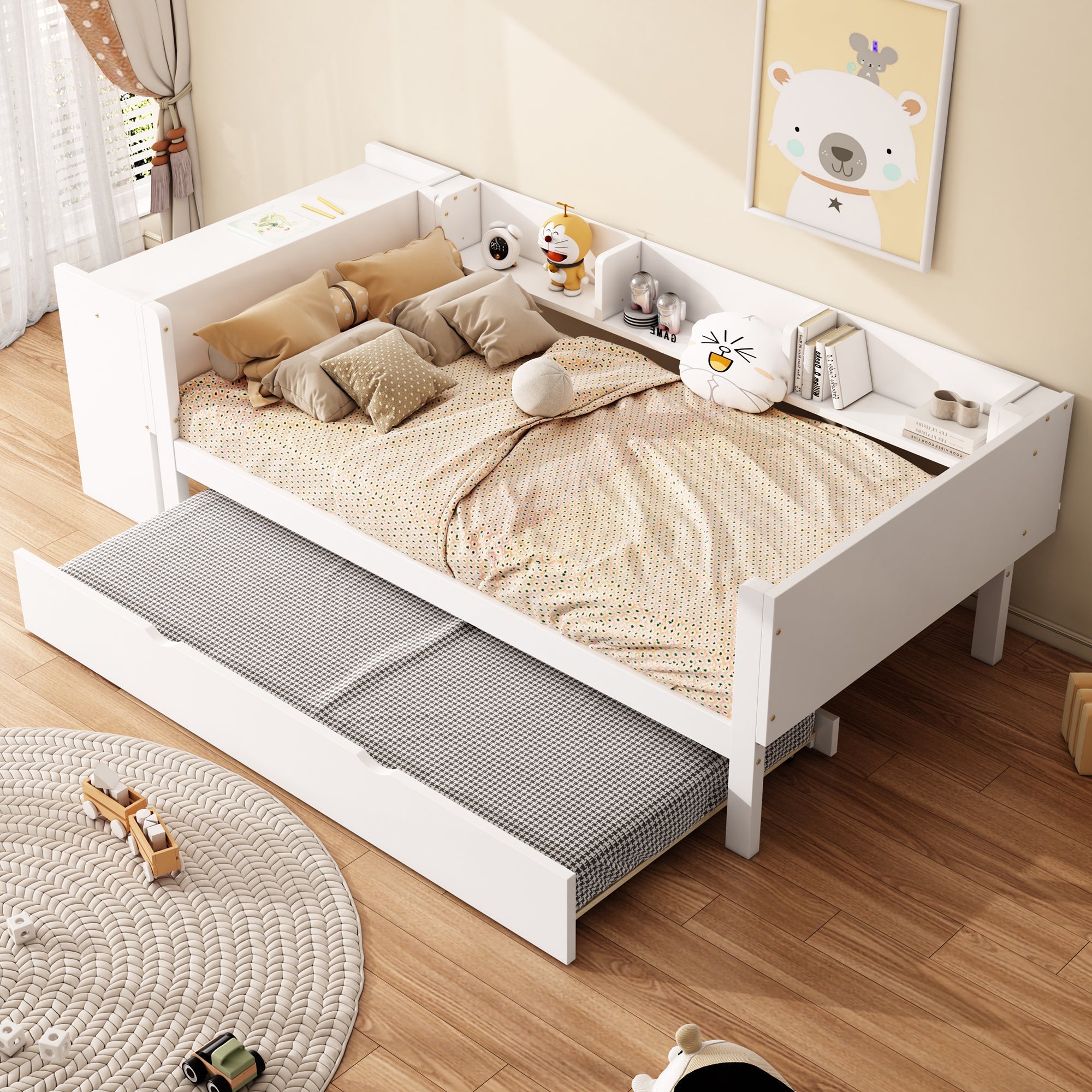 Logidon children's bed 90x200 flat bed with pull-out bed and table white