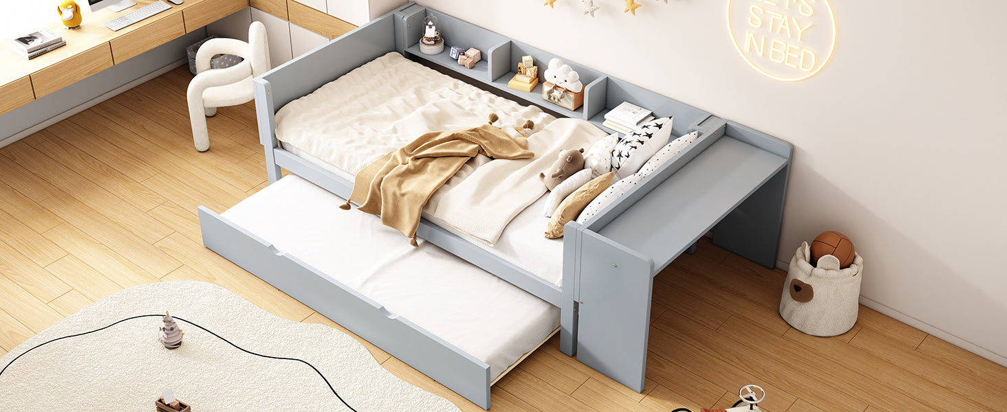 Logidon 90x200 cm bed met uitschuifbaar bed en bureau grijs