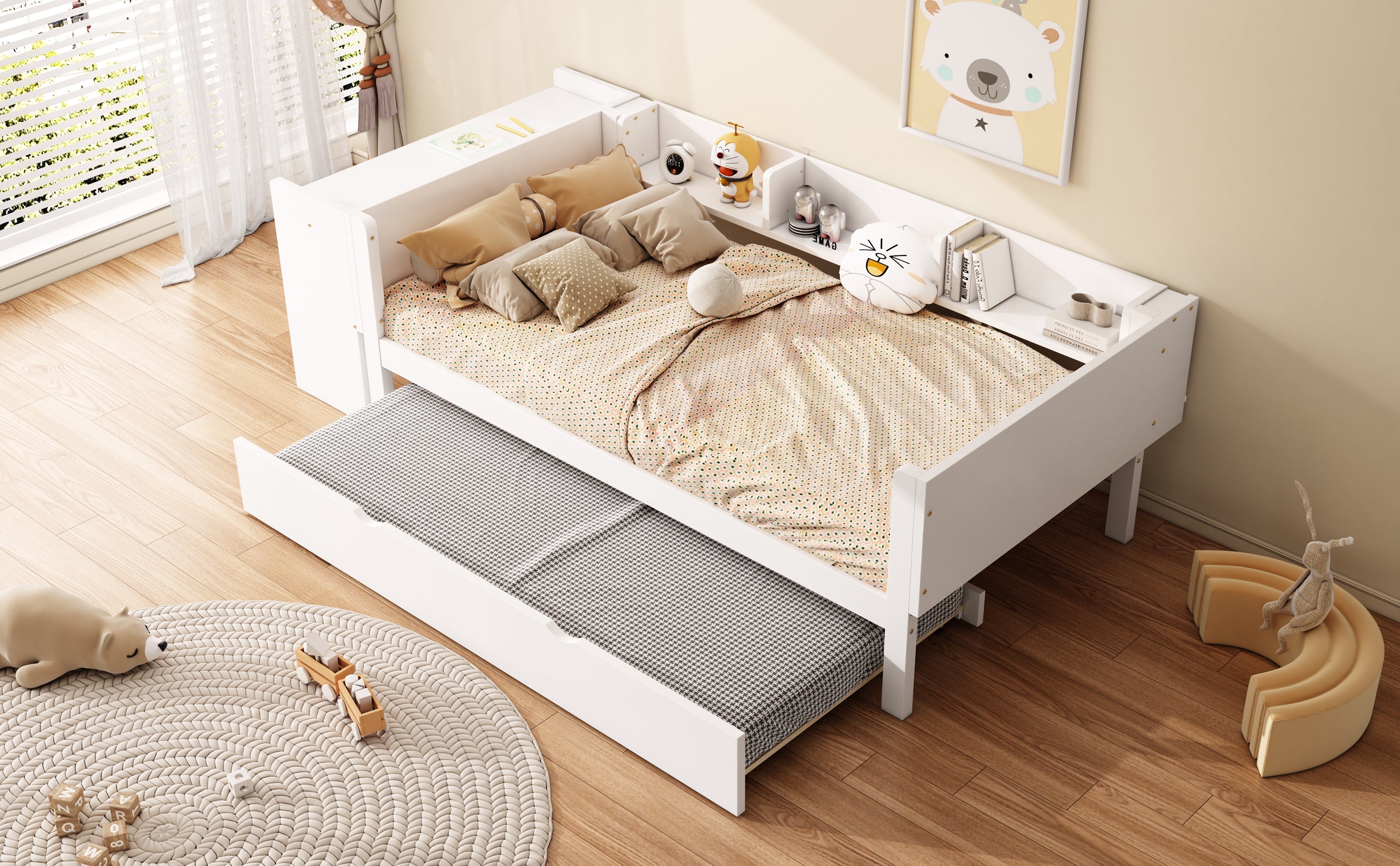 Logidon children's bed 90x200 flat bed with pull-out bed and table white