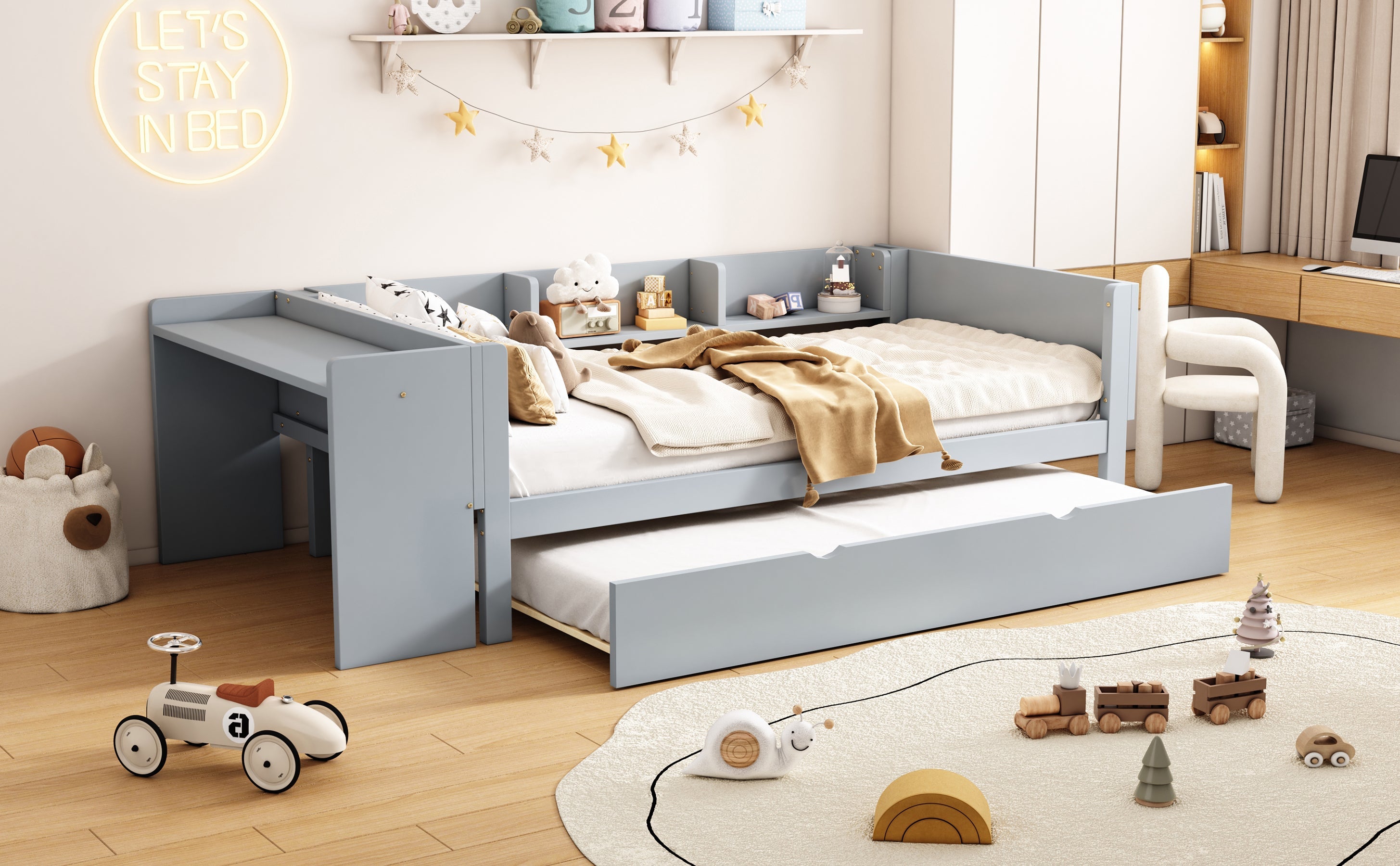 Logidon 90x200 cm bed met uitschuifbaar bed en bureau grijs