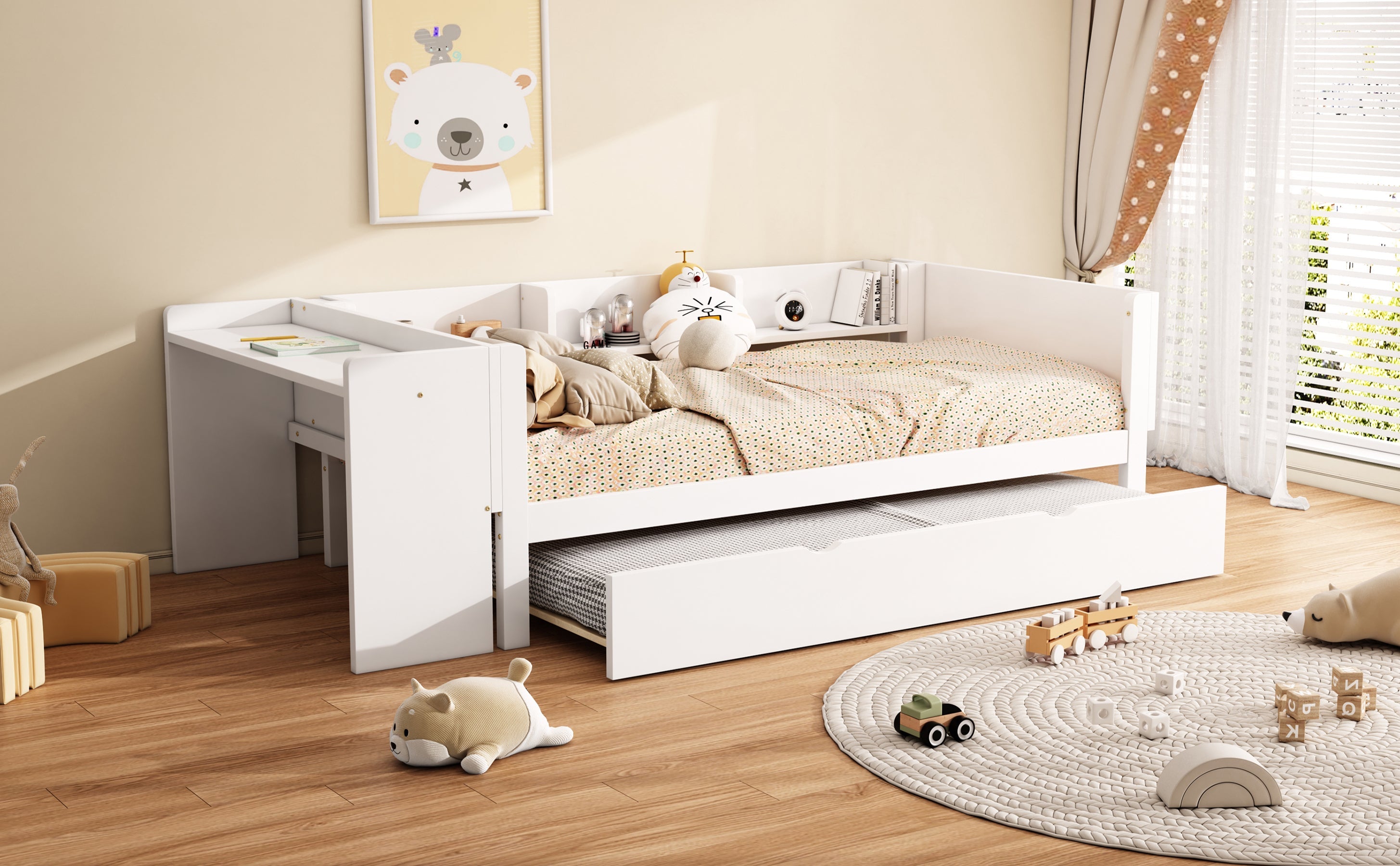 Logidon children's bed 90x200 flat bed with pull-out bed and table white