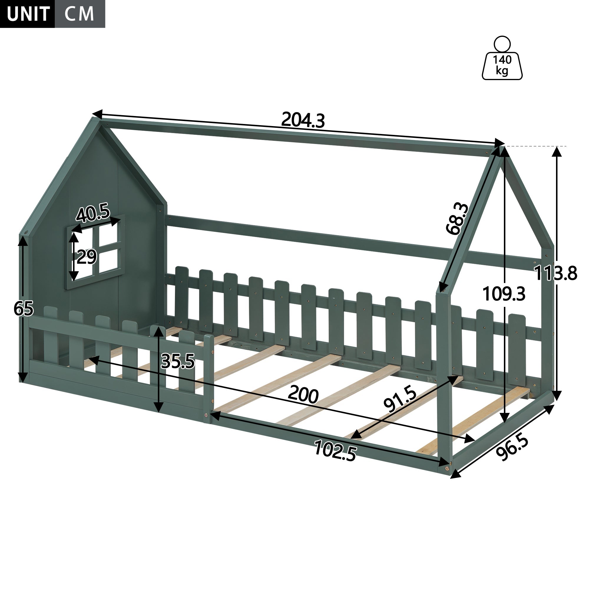 Logidon Groen 90x200 cm plat bed kinderbed huisvorm