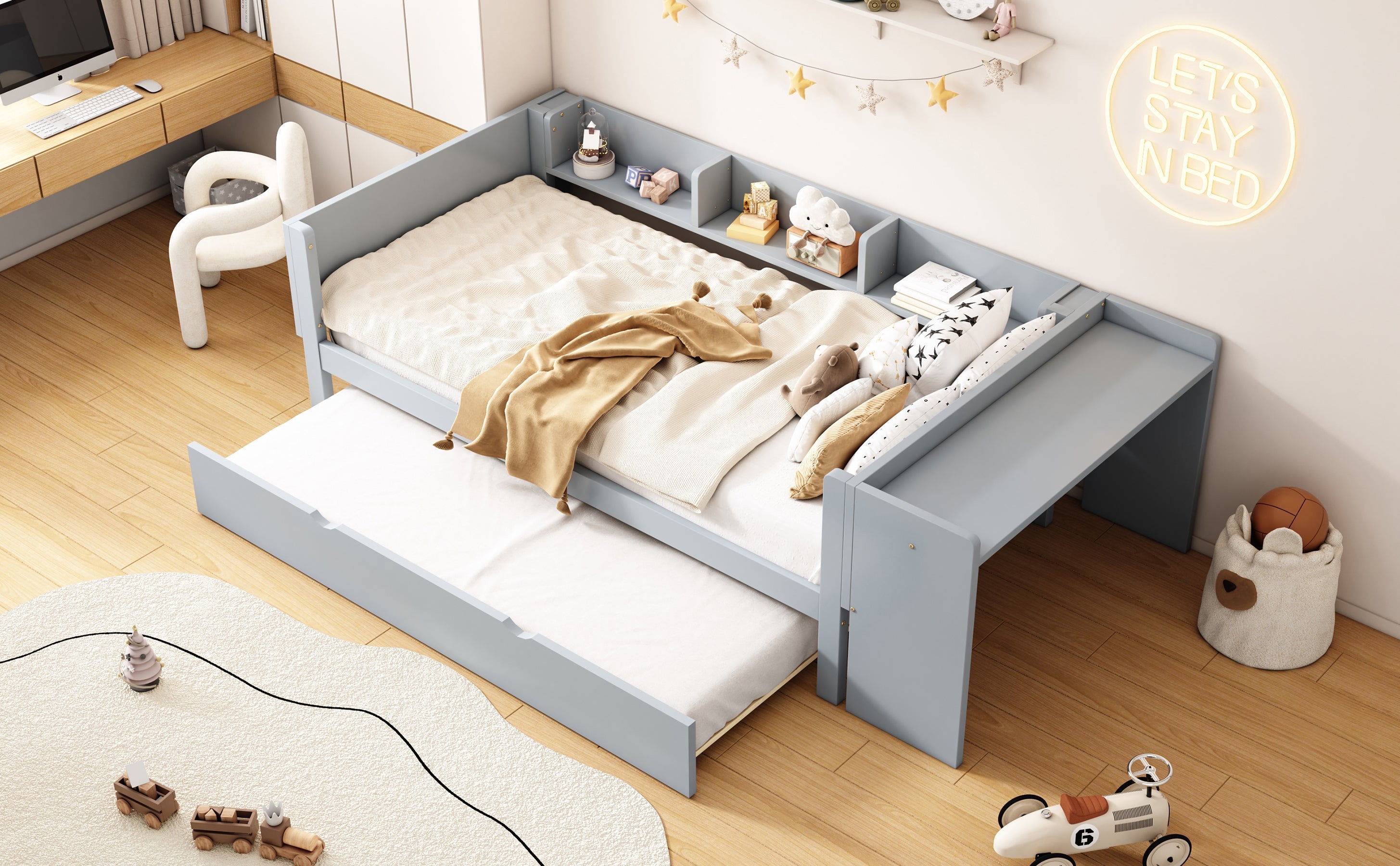Logidon 90x200 cm bed met uitschuifbaar bed en bureau grijs