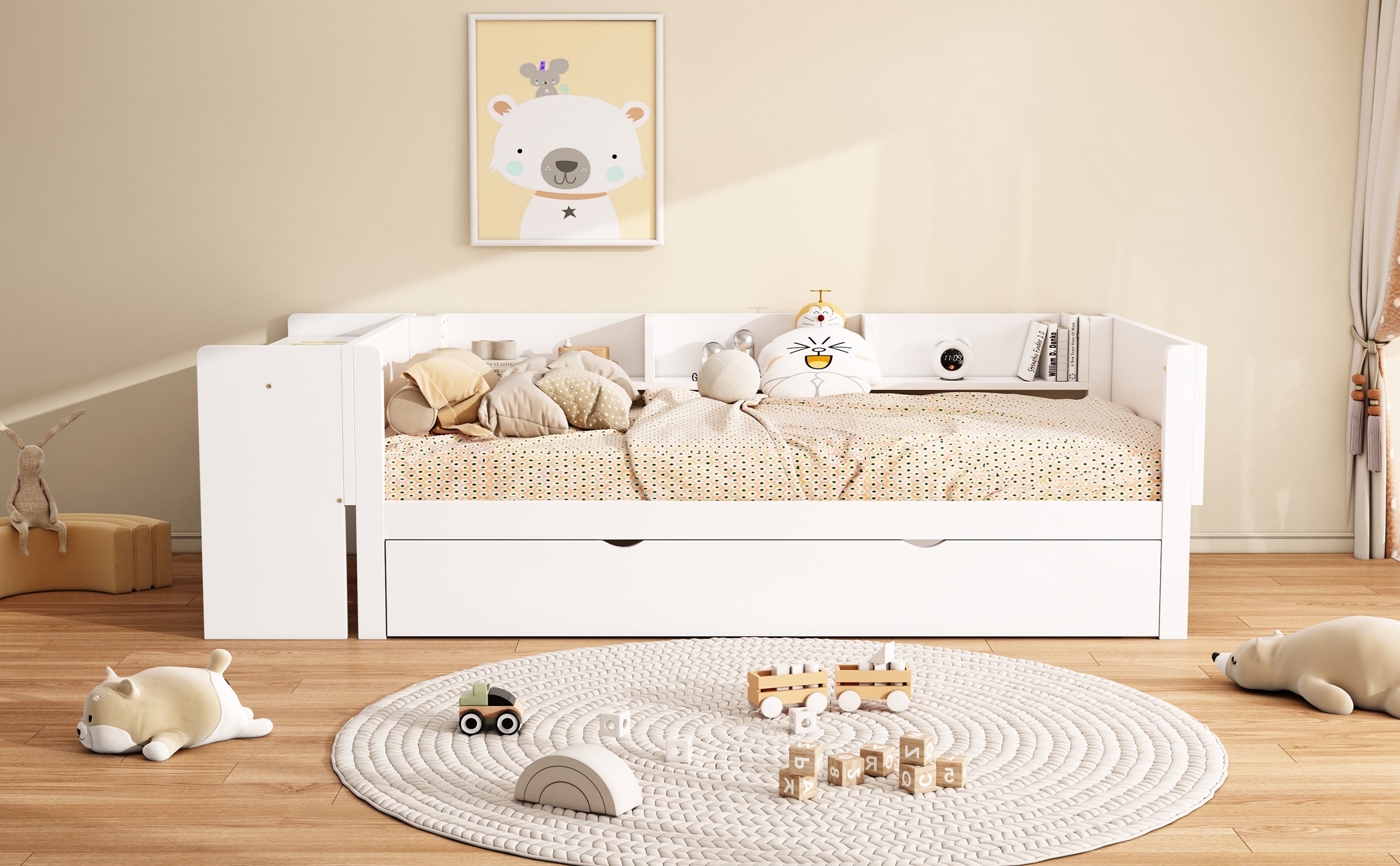 Logidon children's bed 90x200 flat bed with pull-out bed and table white