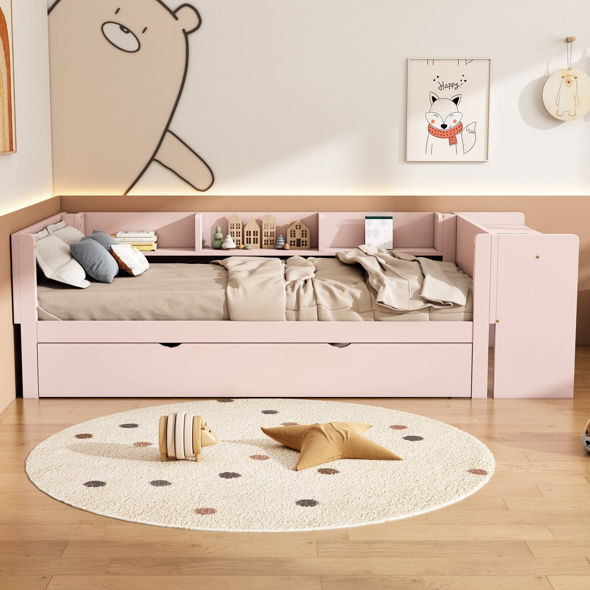 Logidon flat bed 90x200 cm pink with pull-out bed and desk