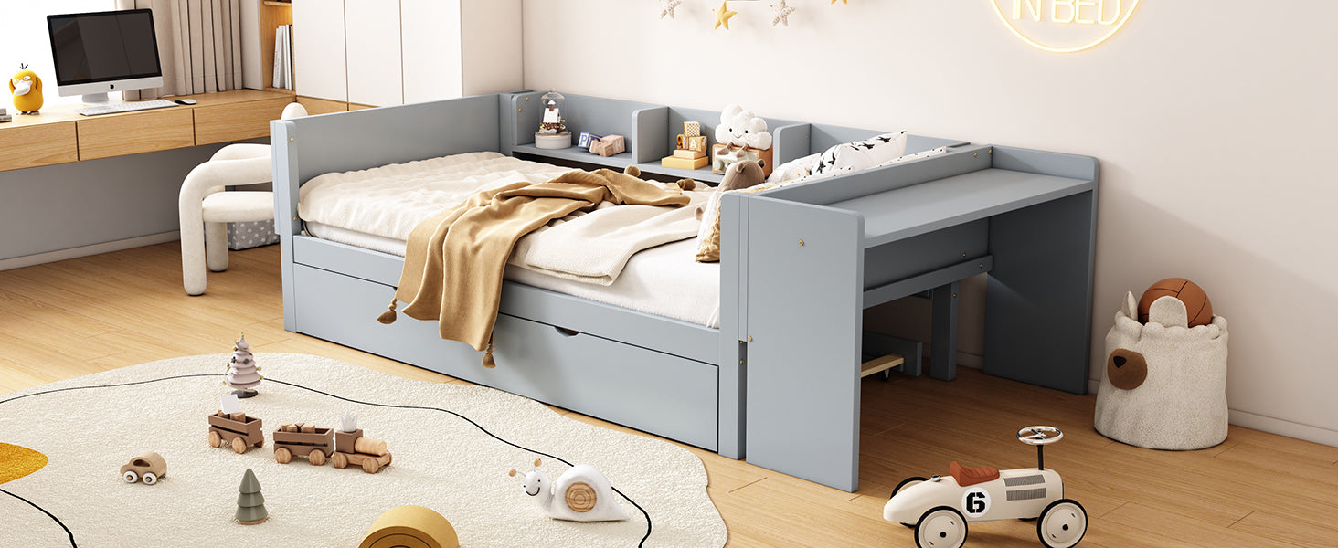 Logidon 90x200 cm bed met uitschuifbaar bed en bureau grijs