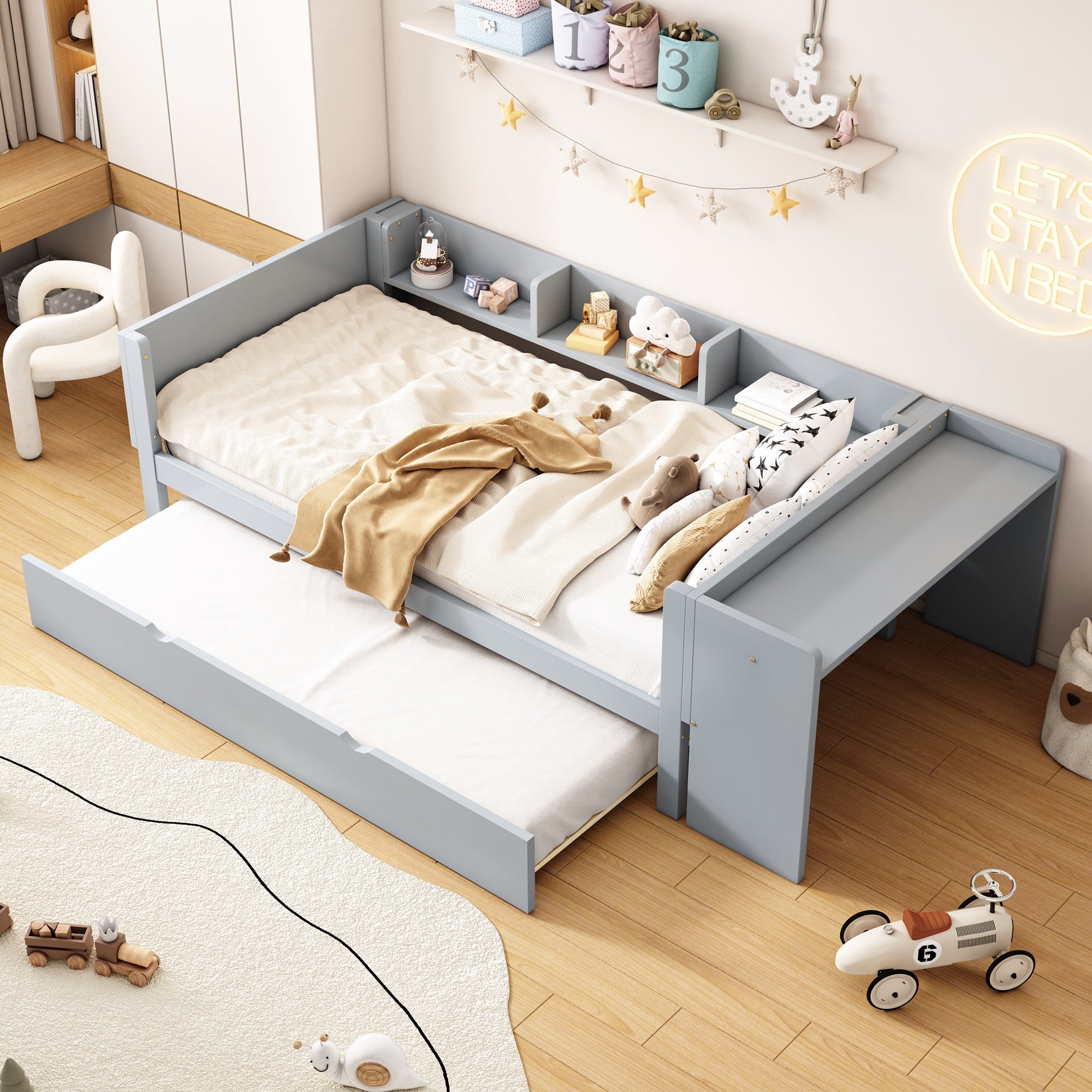 Logidon 90x200 cm bed met uitschuifbaar bed en bureau grijs
