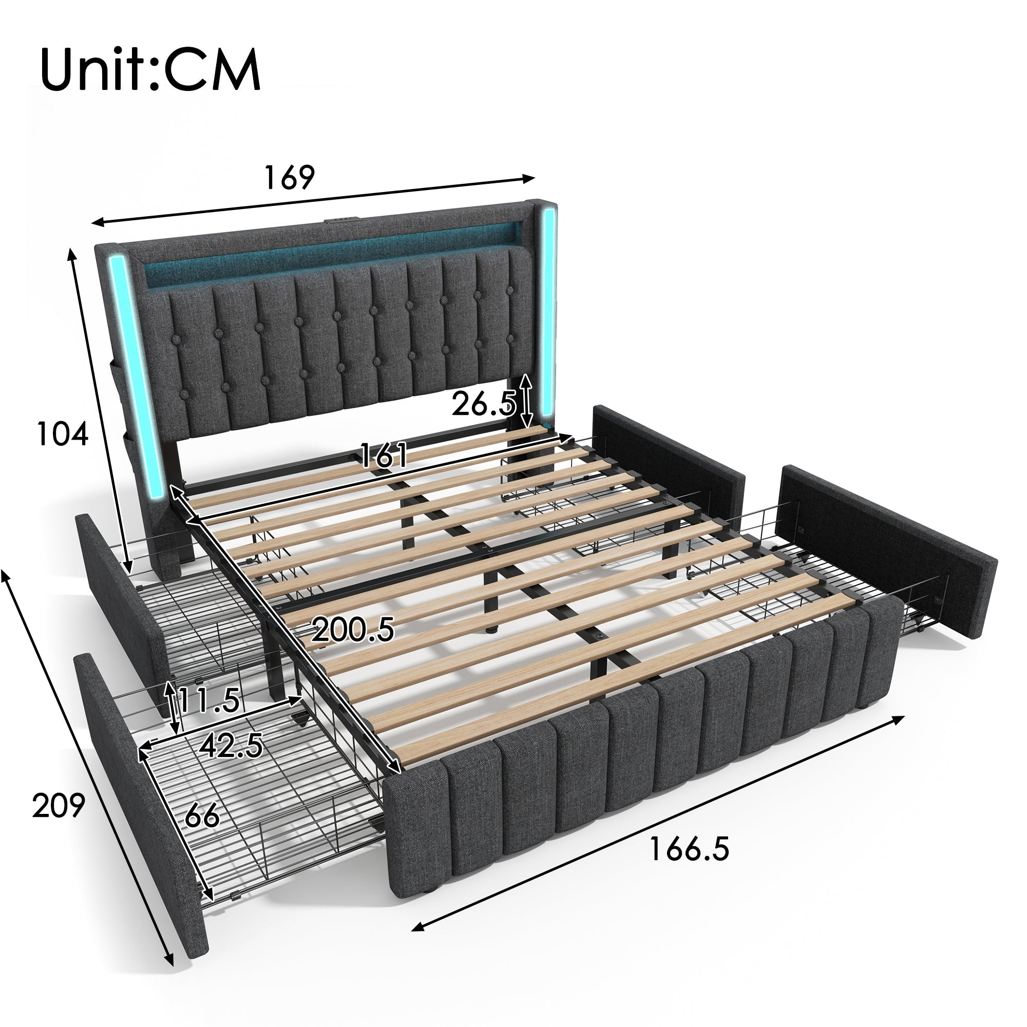 Logidon gestoffeerd bed 160x200 USB C oplaadfunctie LED verlichting grijs