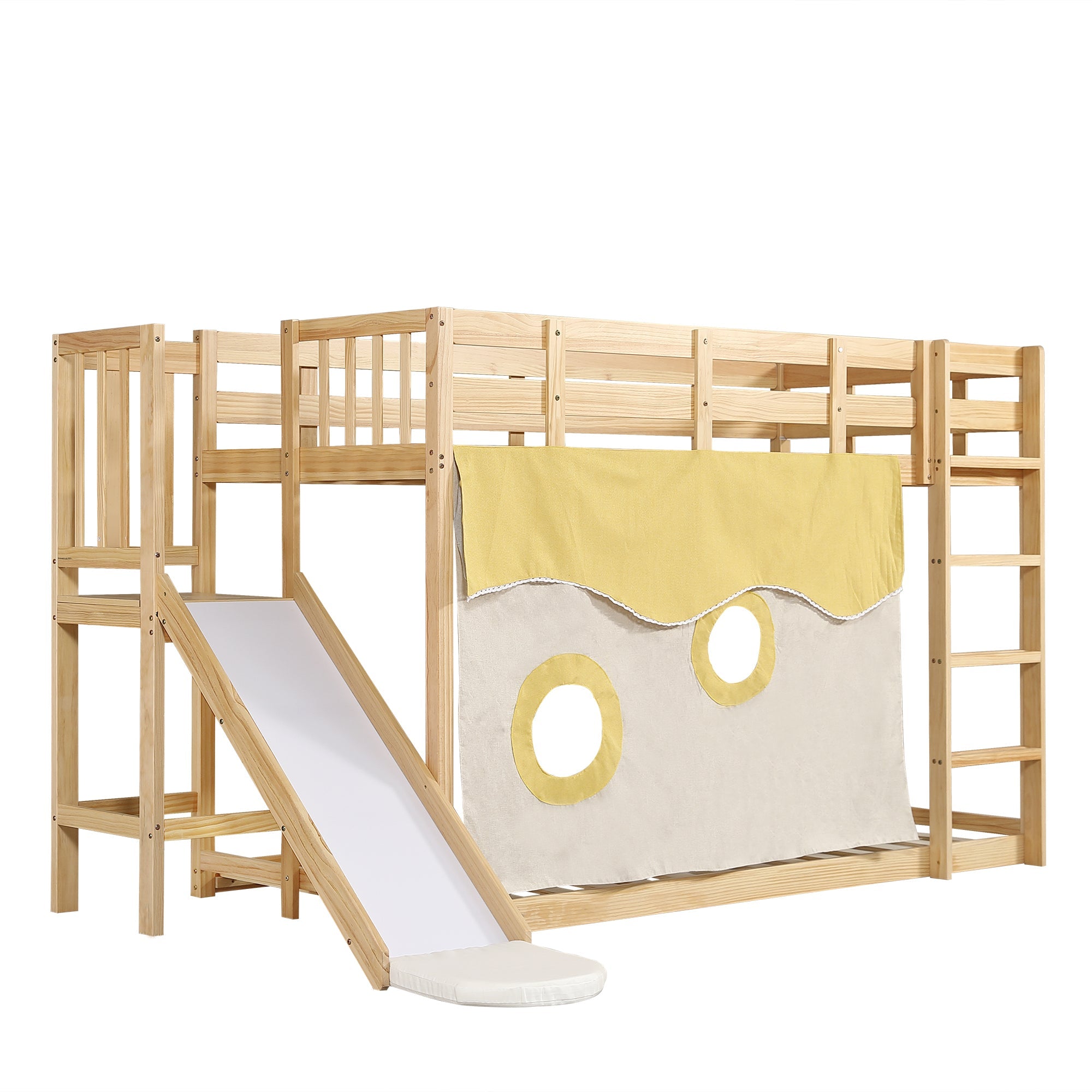 Logidon stapelbed naturel hout 90x200 met trapglijbaan bedgordijn