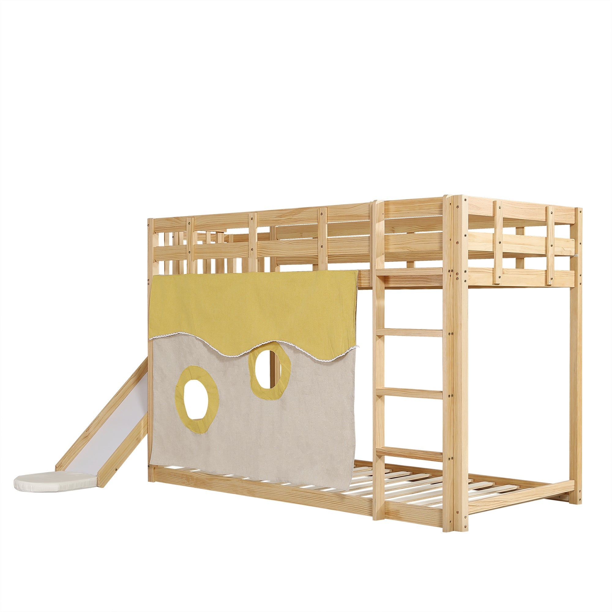 Logidon stapelbed naturel hout 90x200 met trapglijbaan bedgordijn