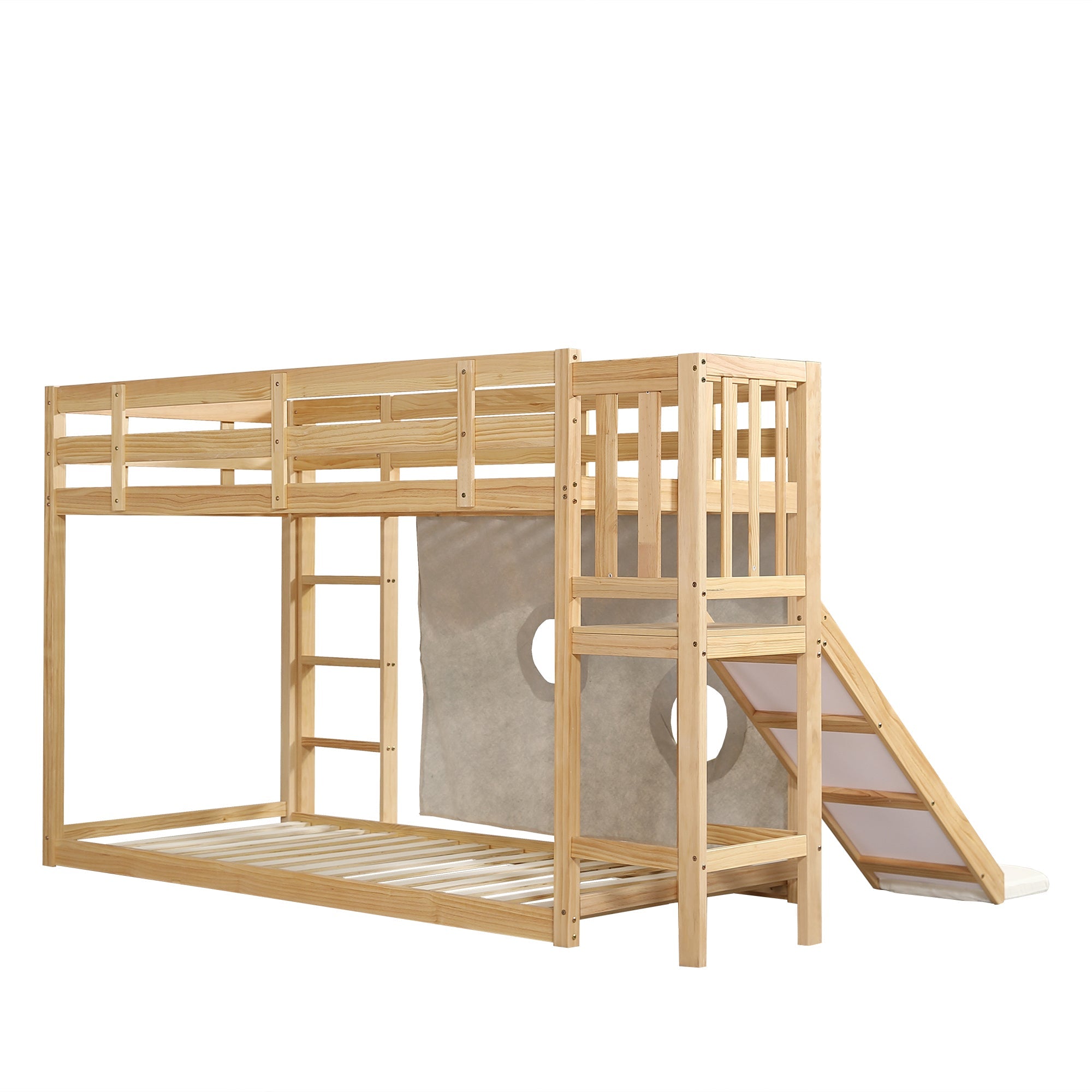 Logidon stapelbed naturel hout 90x200 met trapglijbaan bedgordijn