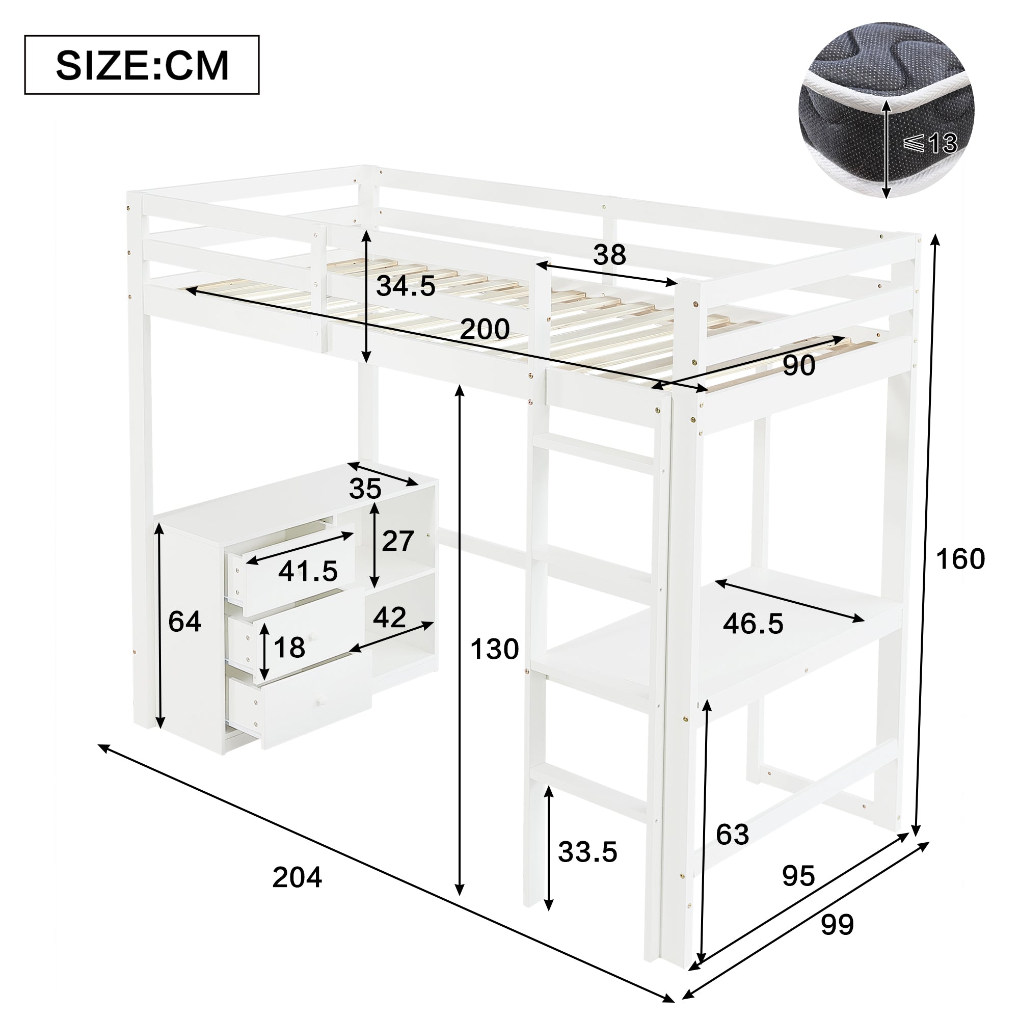 Logidon hoogslaper 90x200cm wit met bureau en opbergruimte