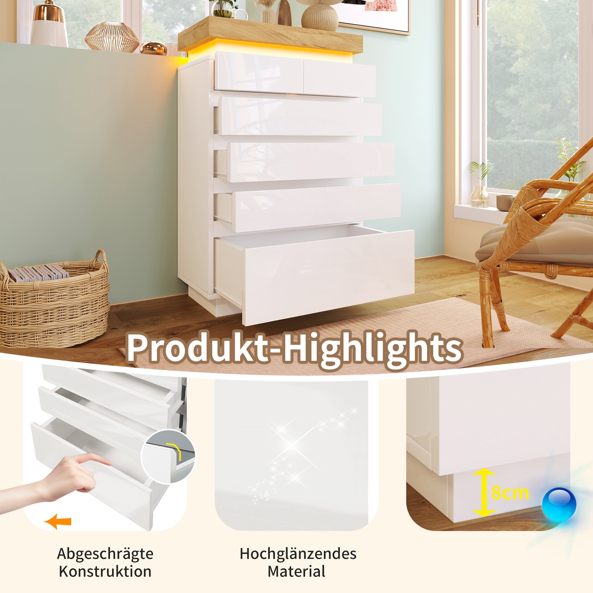 Logidon sideboard 6 drawers white 115x73x39 cm LED app control