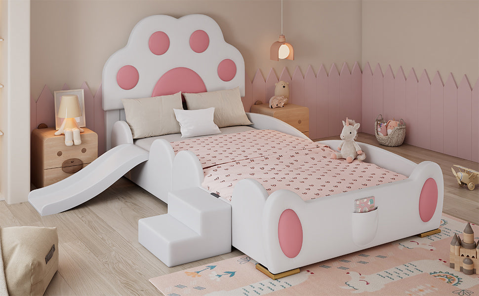 Logidon gestoffeerd bed 90x200 cm wit roze met kattenpoot hoofdeinde