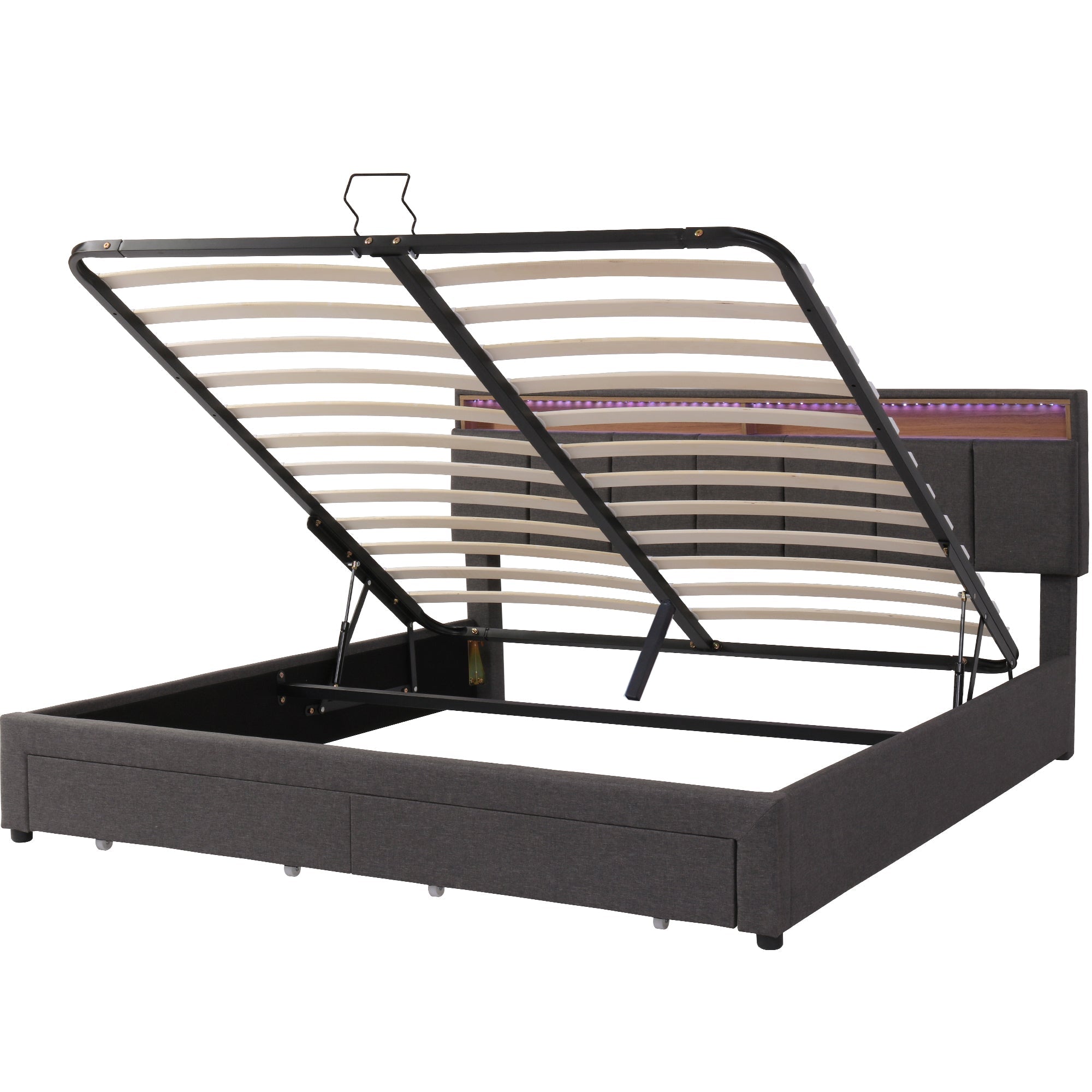 Logidon upholstered bed LED lighting hydraulic storage space 180x200 gray