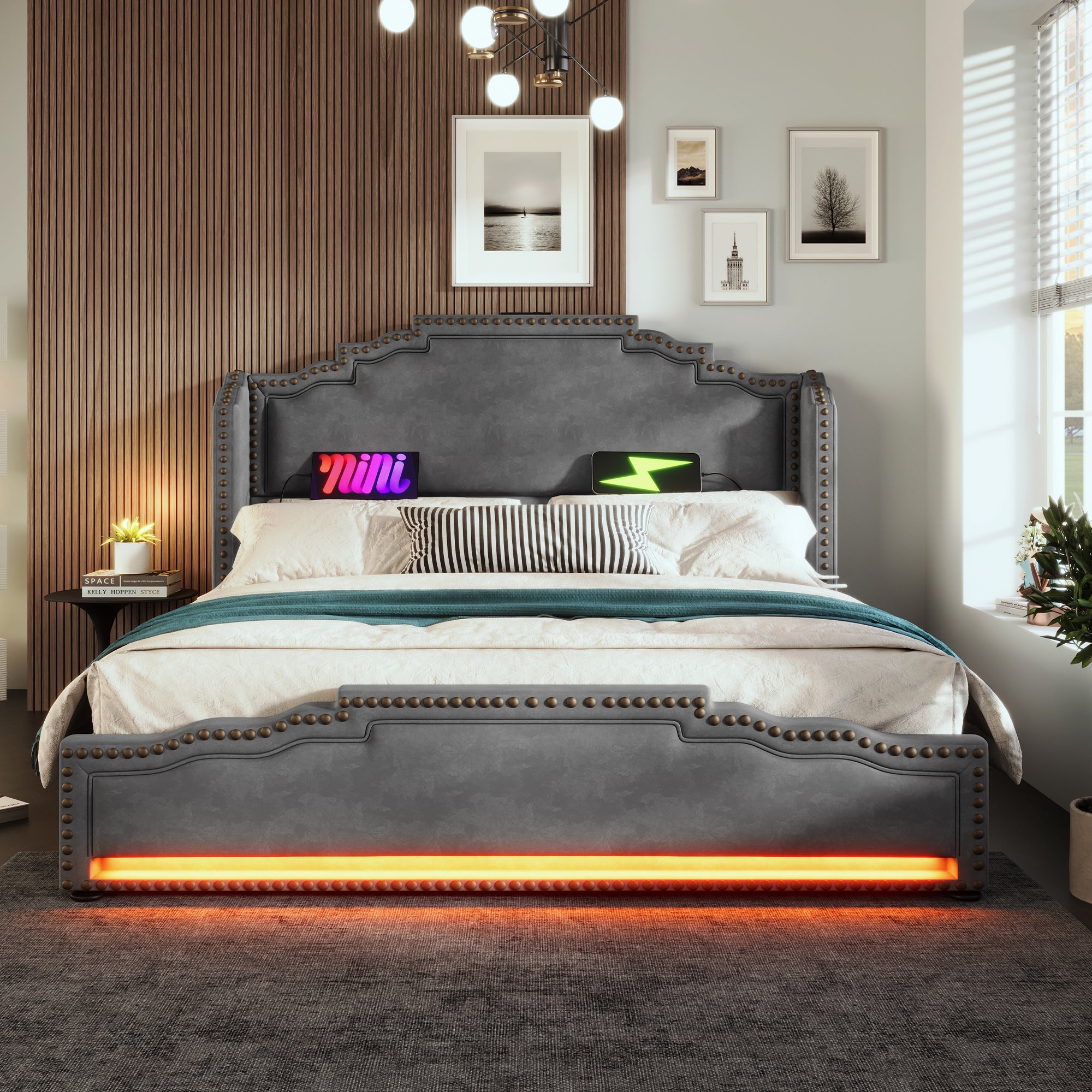 Logidon gestoffeerd bed 140x200 fluweelgrijs met 4 oplaad-LED-lampjes USB C