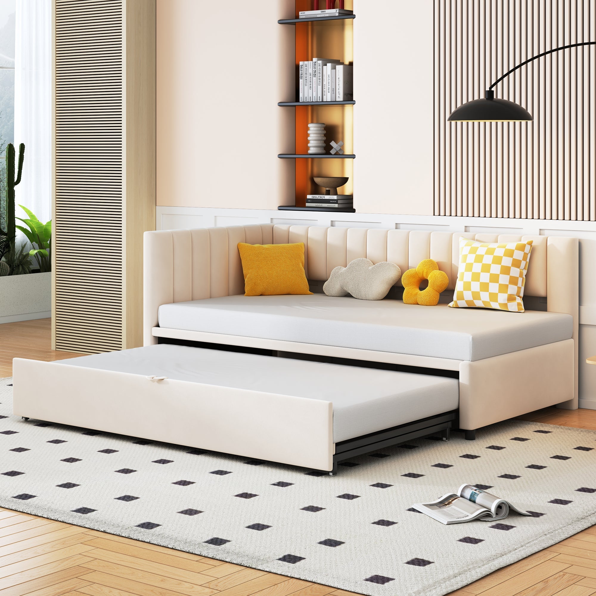 Logidon sofa bed L-shape beige velvet pull-out bed 90/180x200