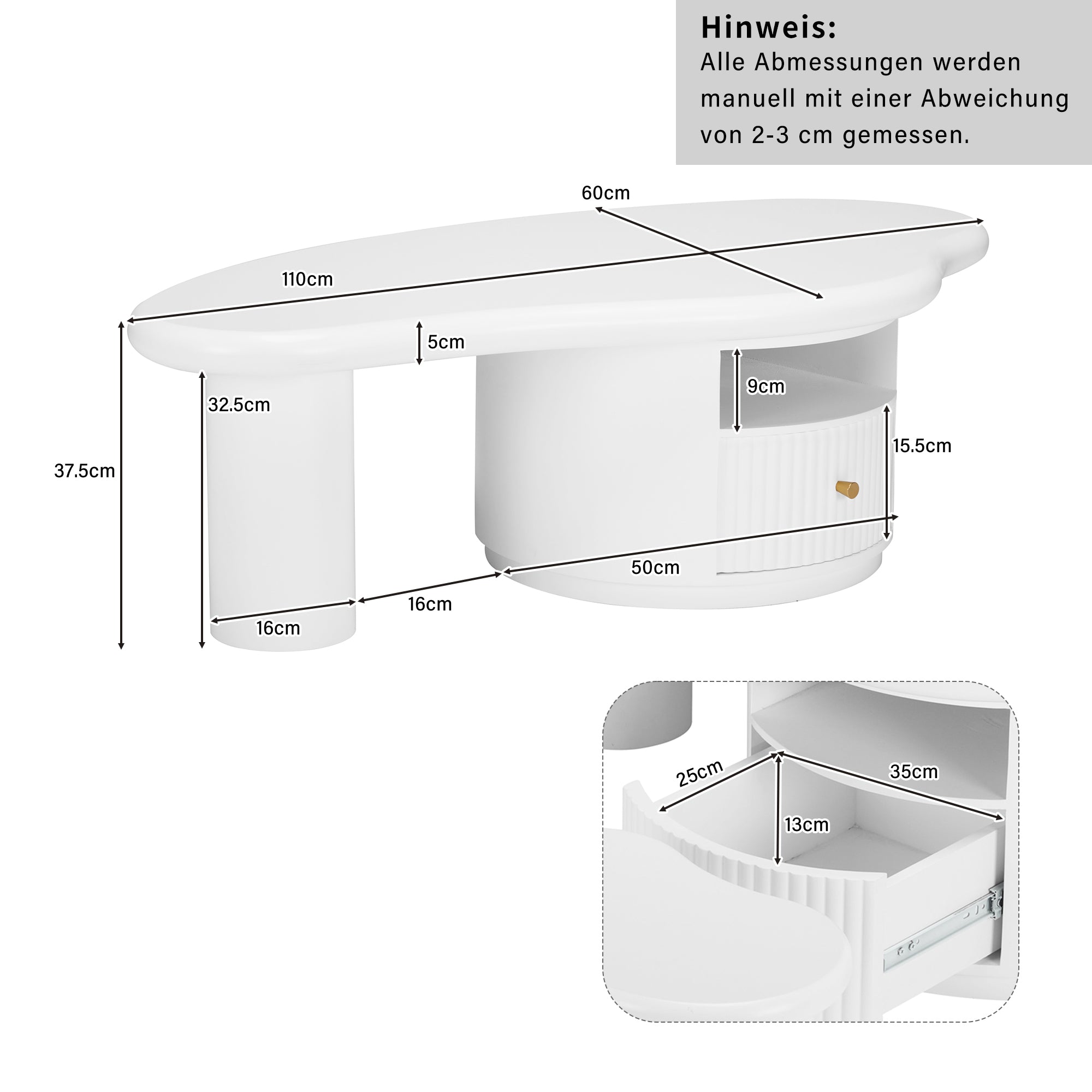 Logidon onregelmatige salontafel in wolkvorm 110x60cm wit