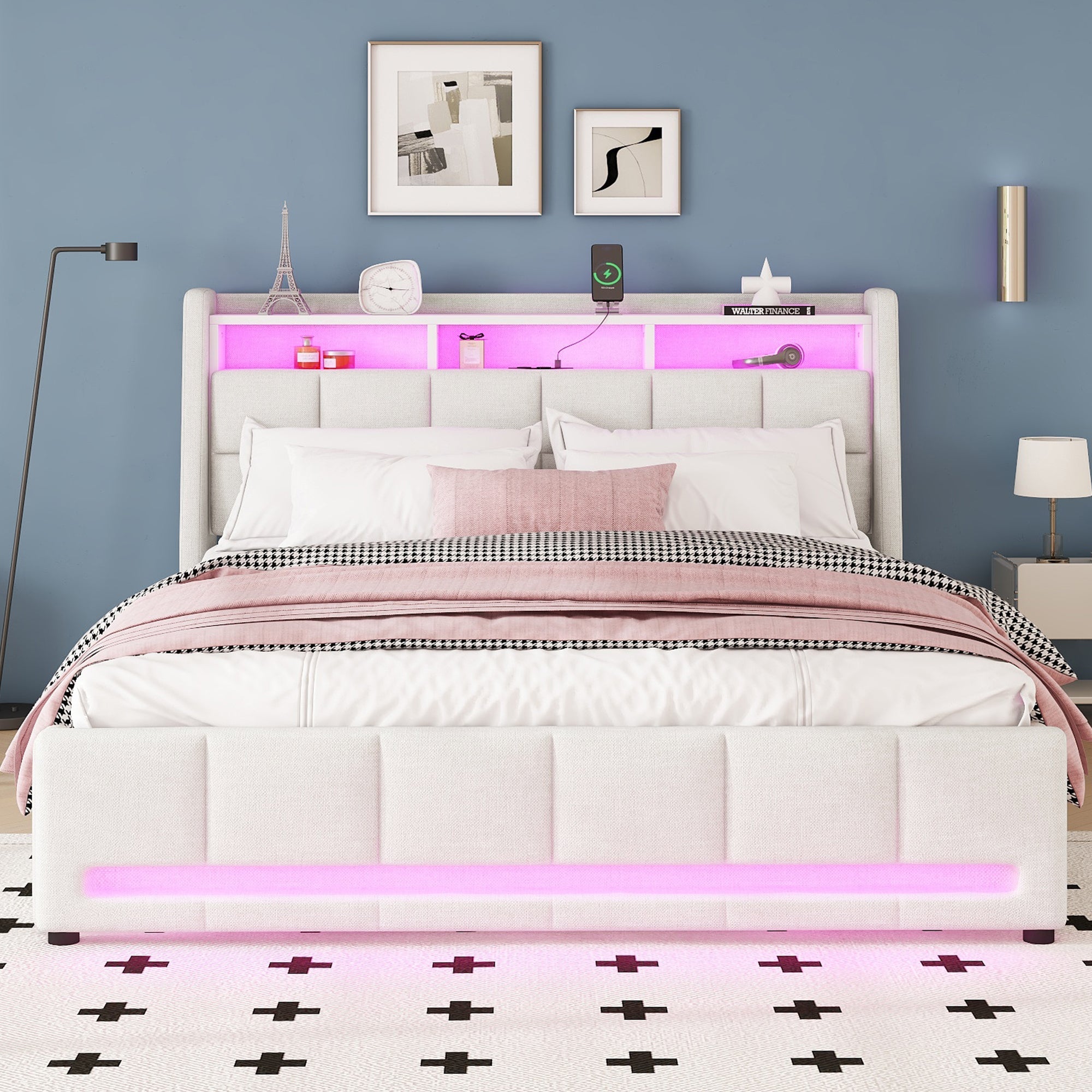Logidon gestoffeerd bed 160x200 cm beige linnen met LED app bediening