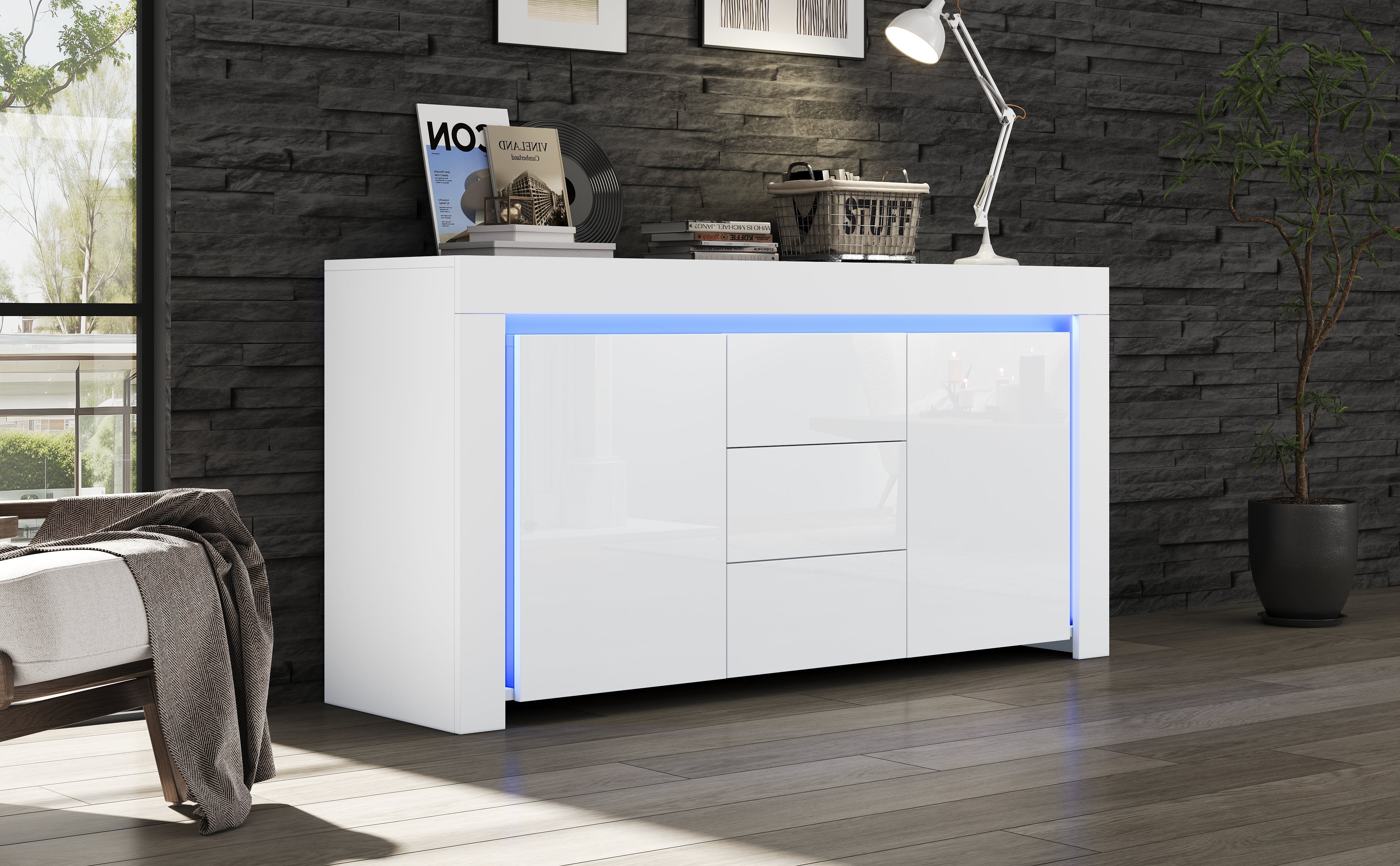 Logidon wit hoogglans dressoir 140x40x65 cm met LED verlichting