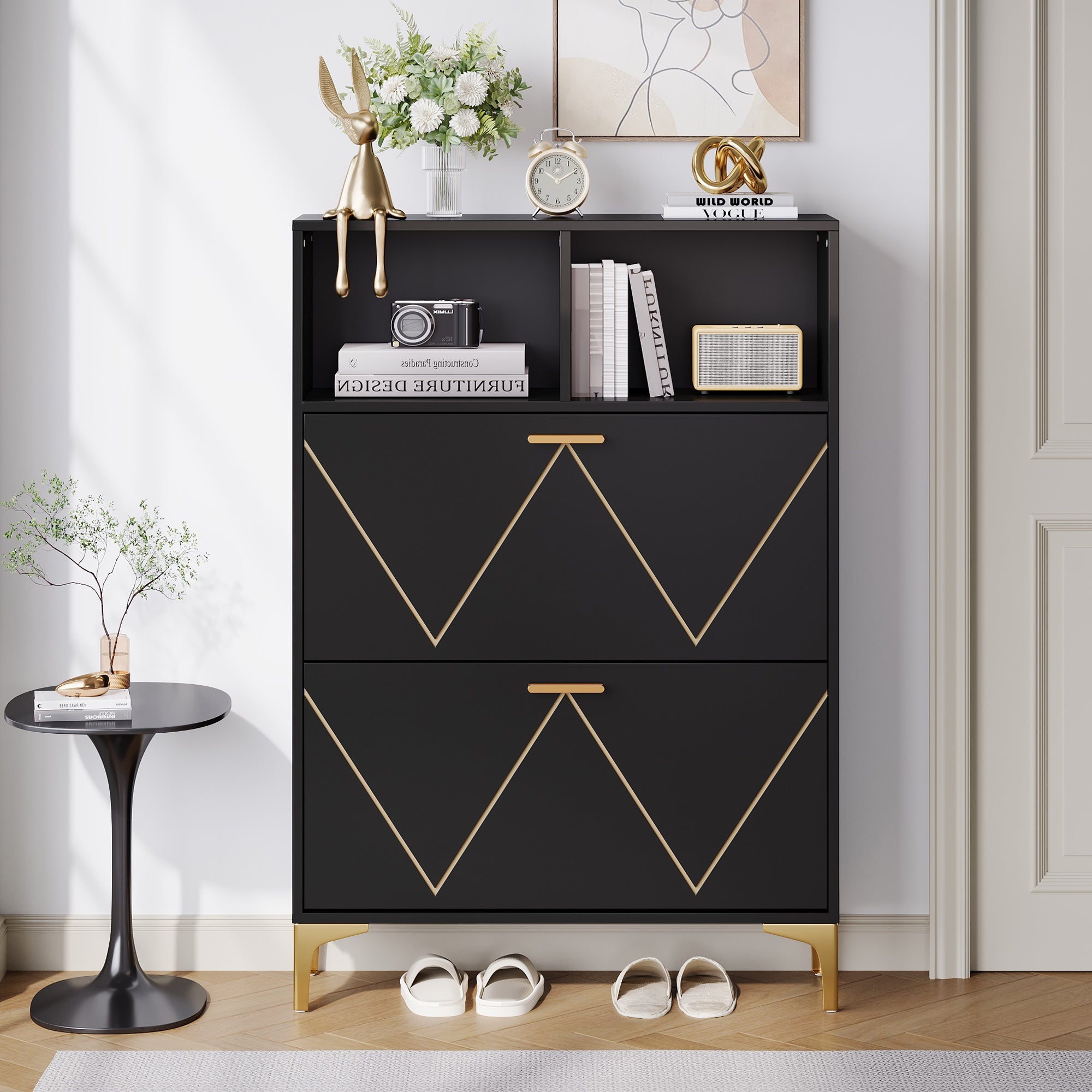 Logidon shoe cabinet 80x25x117 cm black with folding doors and four shoe shelves