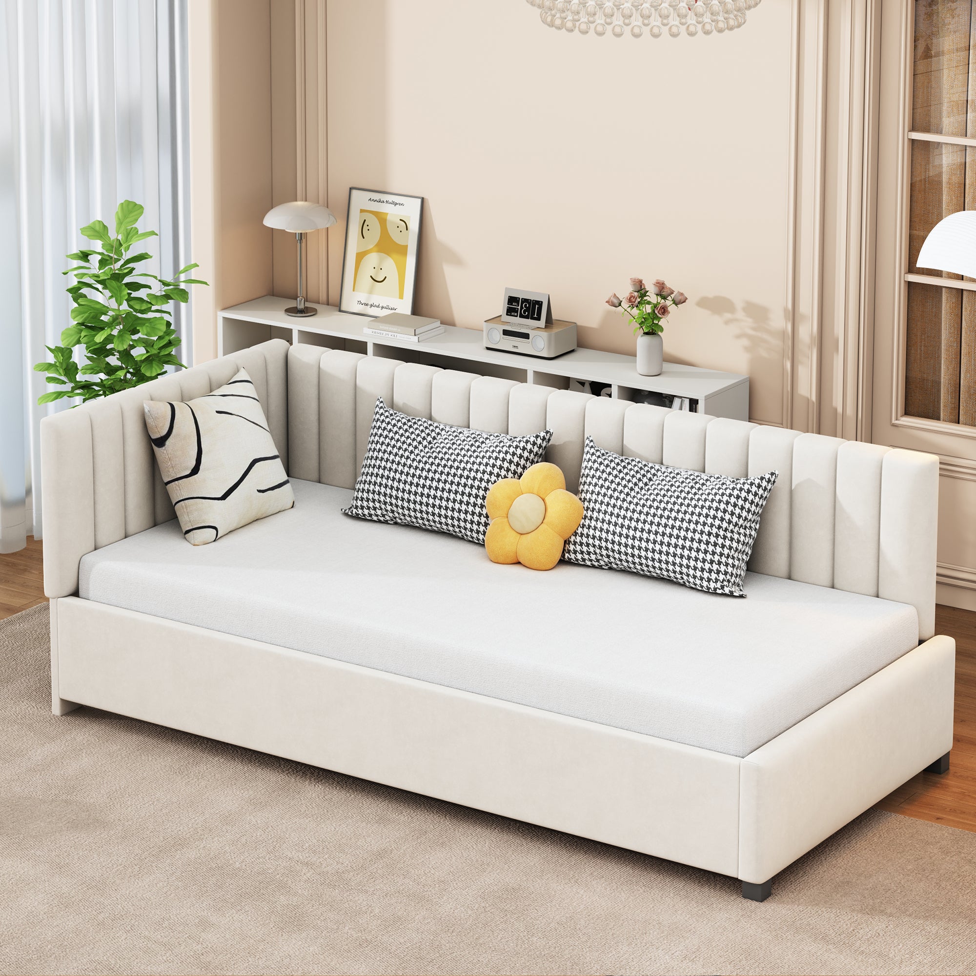 Logidon upholstered bed 90x200 multifunctional bed with slatted frame beige velvet