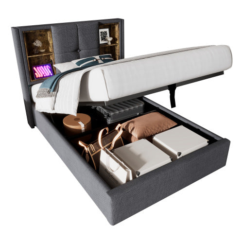 Logidon gestoffeerd bed 90x200 cm grijs met draadloos opladen USB C en opbergruimte
